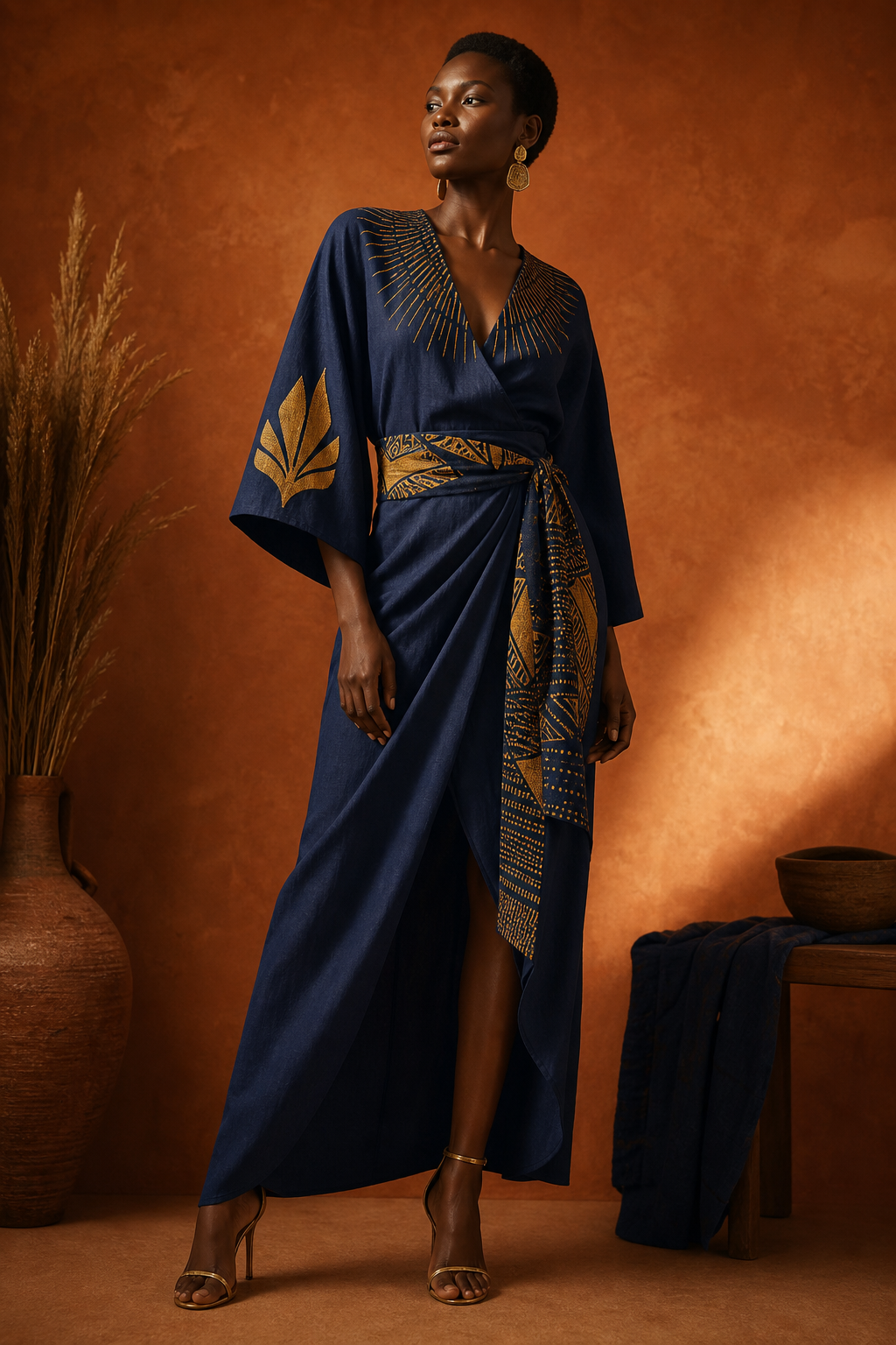 Editorial portrait of a model wearing a deep indigo wrap dress with golden embroidered accents, standing against a warm terracotta studio backdrop