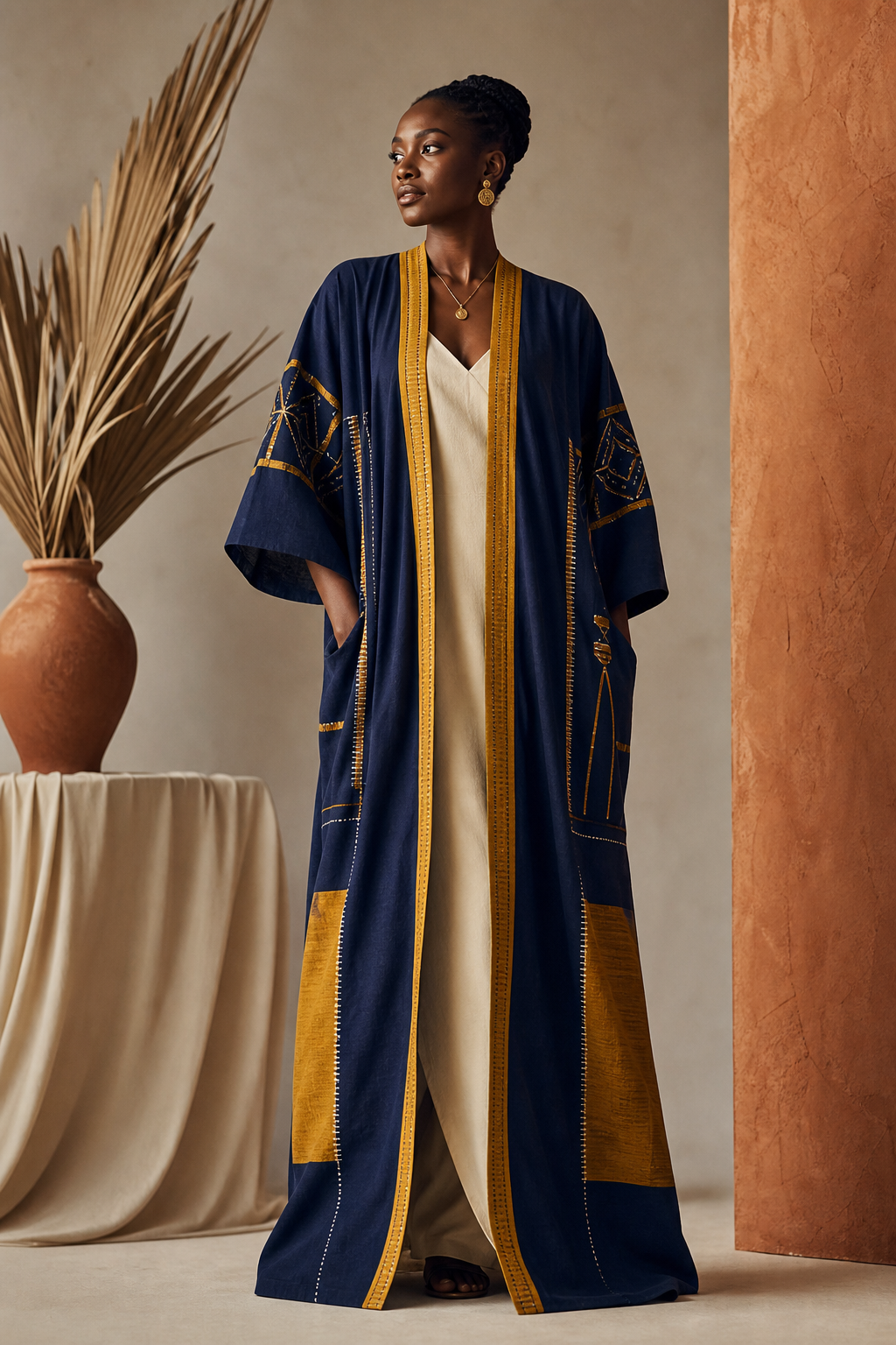 Editorial image of tailored robes with rich indigo and terracotta tones
