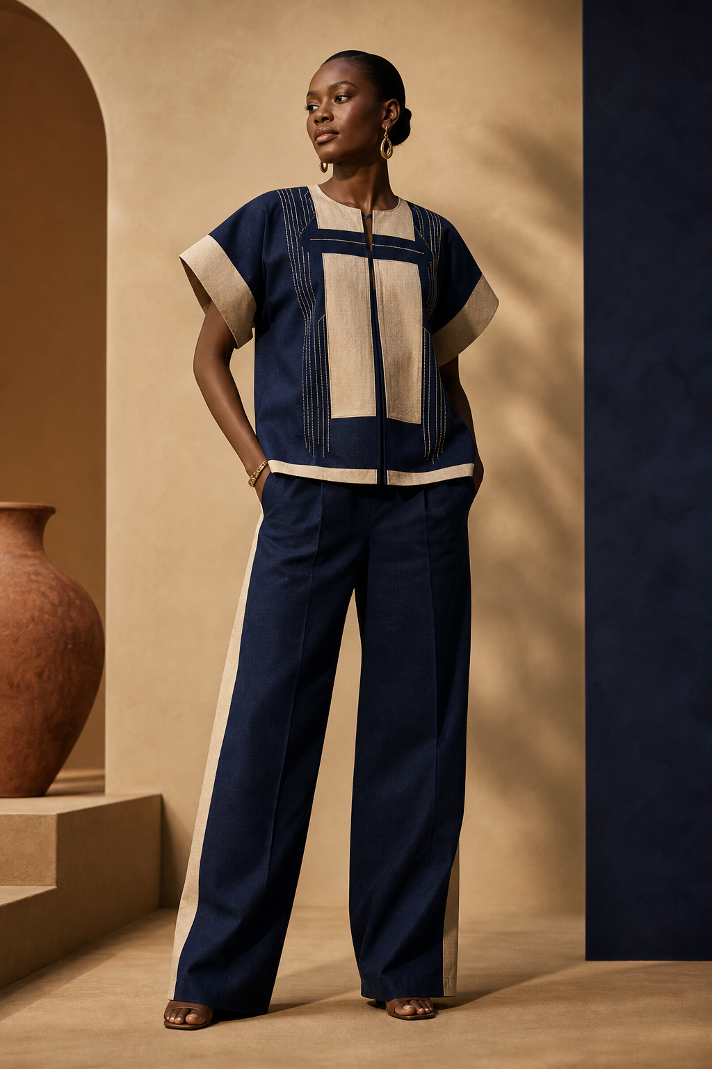 Studio editorial of modern signature silhouettes inspired by West African tailoring