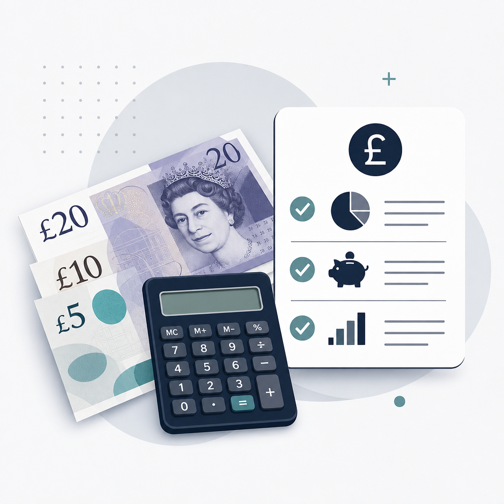 Minimal icon-style illustration of budgeting and money management with pound notes, calculator, and checklist in navy and teal tones