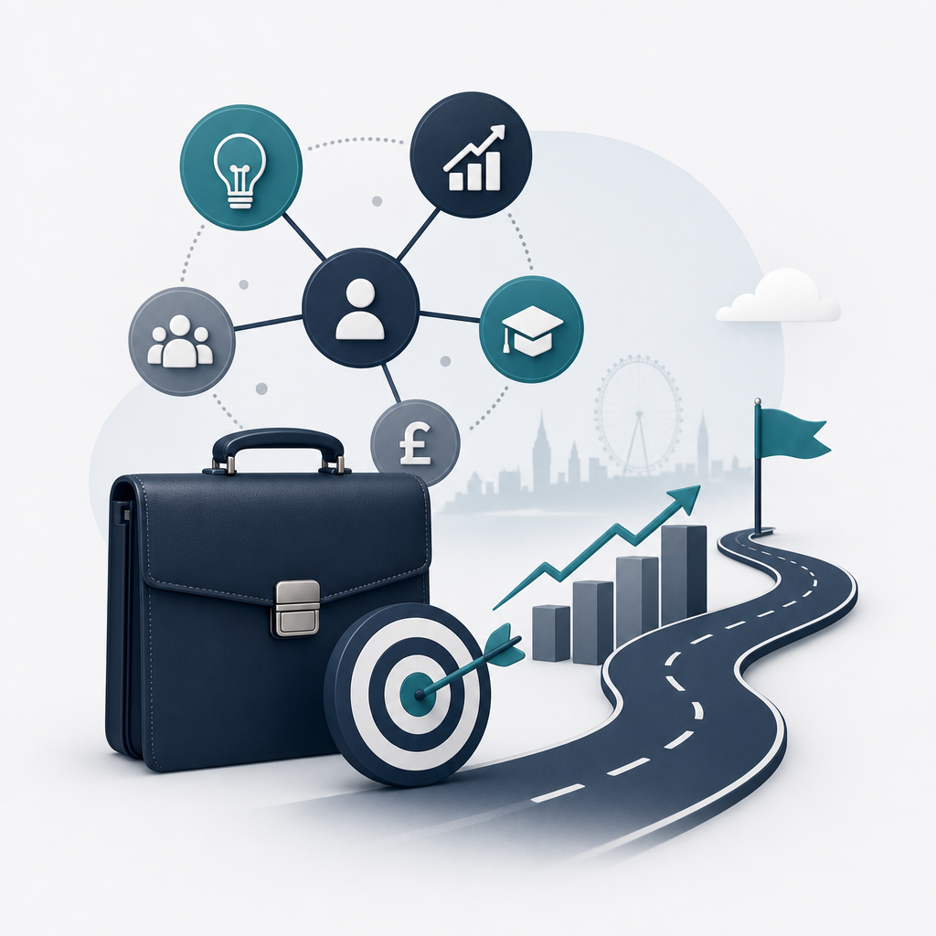 Modern icon-style illustration of enterprise planning with briefcase, strategy nodes, and roadmap elements in navy and teal