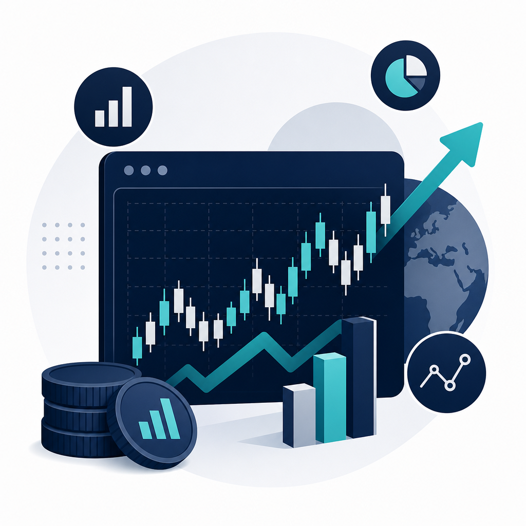 Clean icon-style illustration of market growth with candlestick chart, upward trend line, and coin accents in navy and teal
