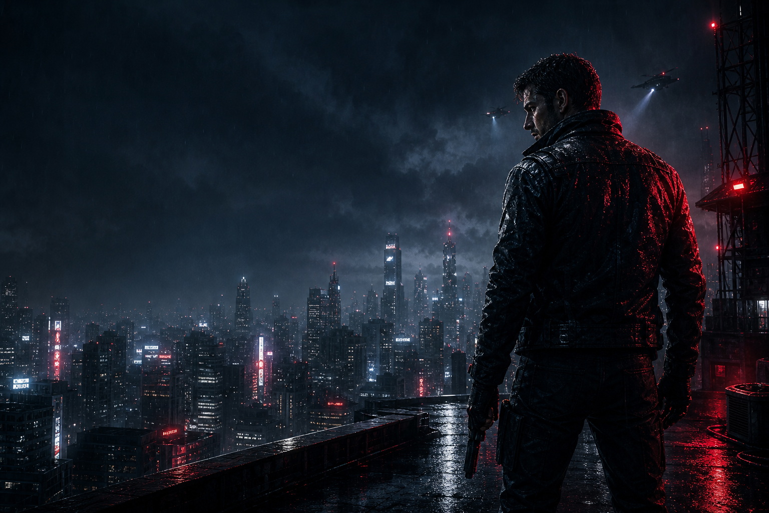 Cinematic night-time action scene with a lone protagonist on a rain-slick city rooftop, neon reflections, haze, and dramatic backlight