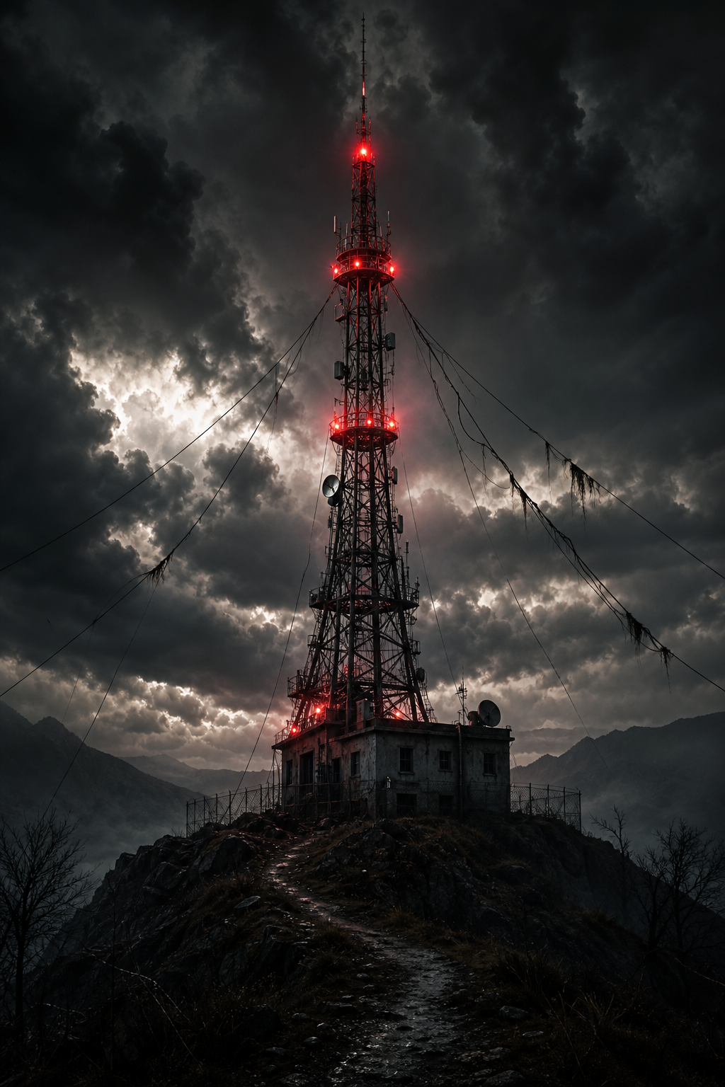 Suspense poster with an old broadcast tower, storm clouds, and crimson warning lights
