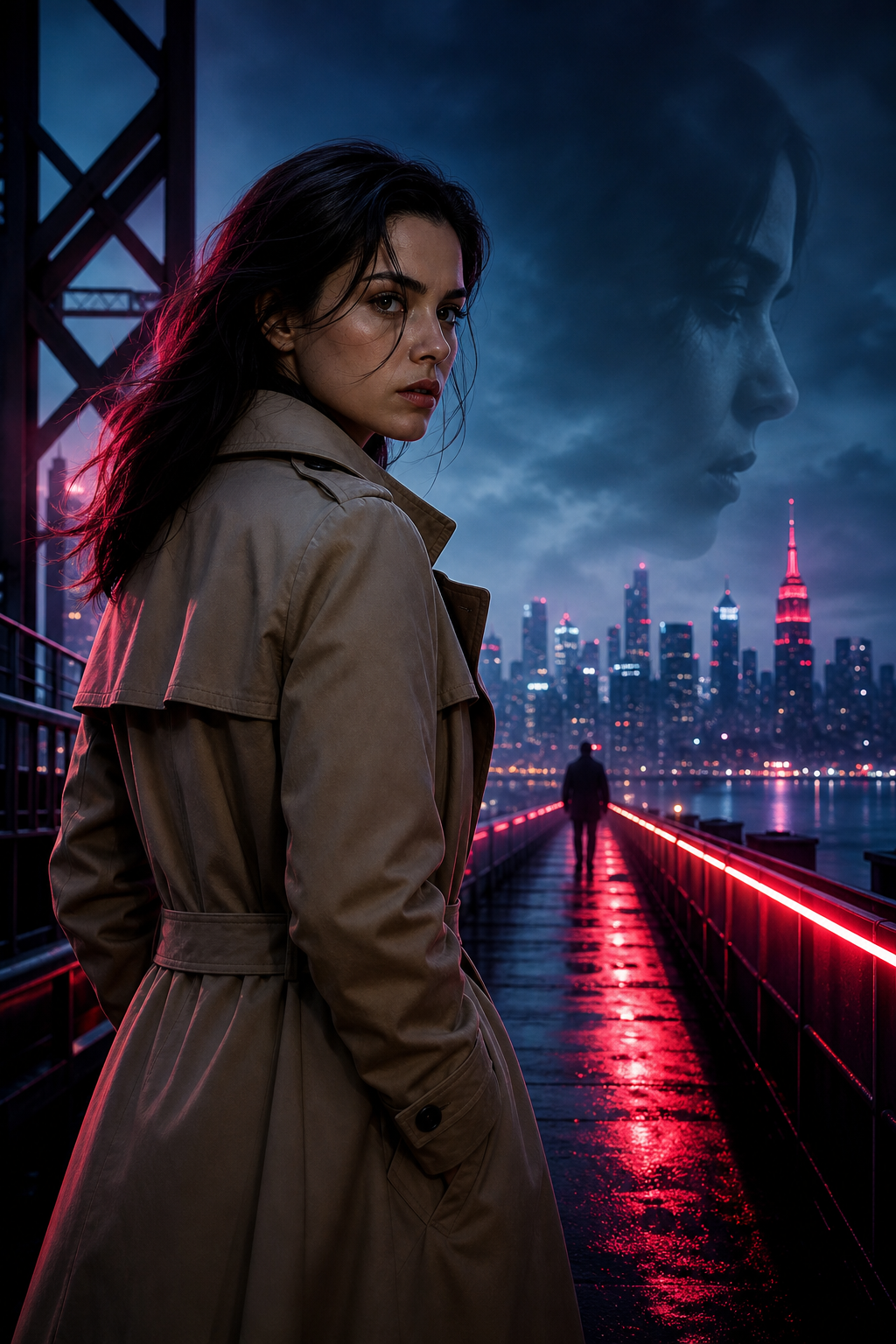 Urban mystery movie poster with a woman in a trench coat on a neon-lit bridge at dusk