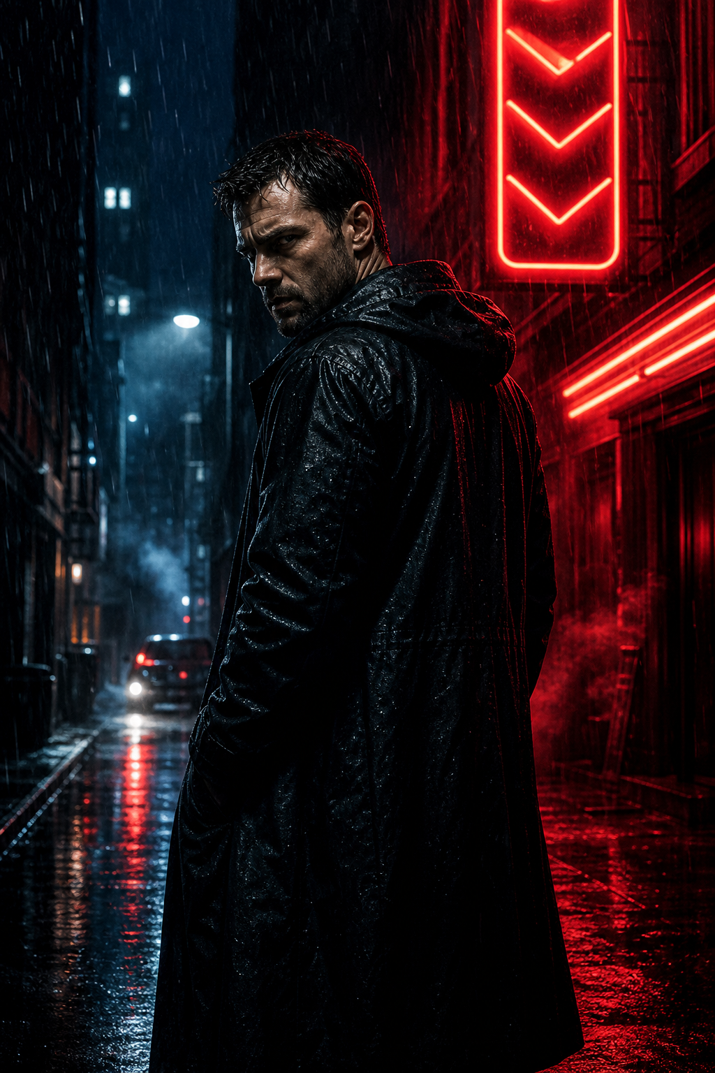 Dark espionage movie poster showing a man in a black coat under rain with red city lights