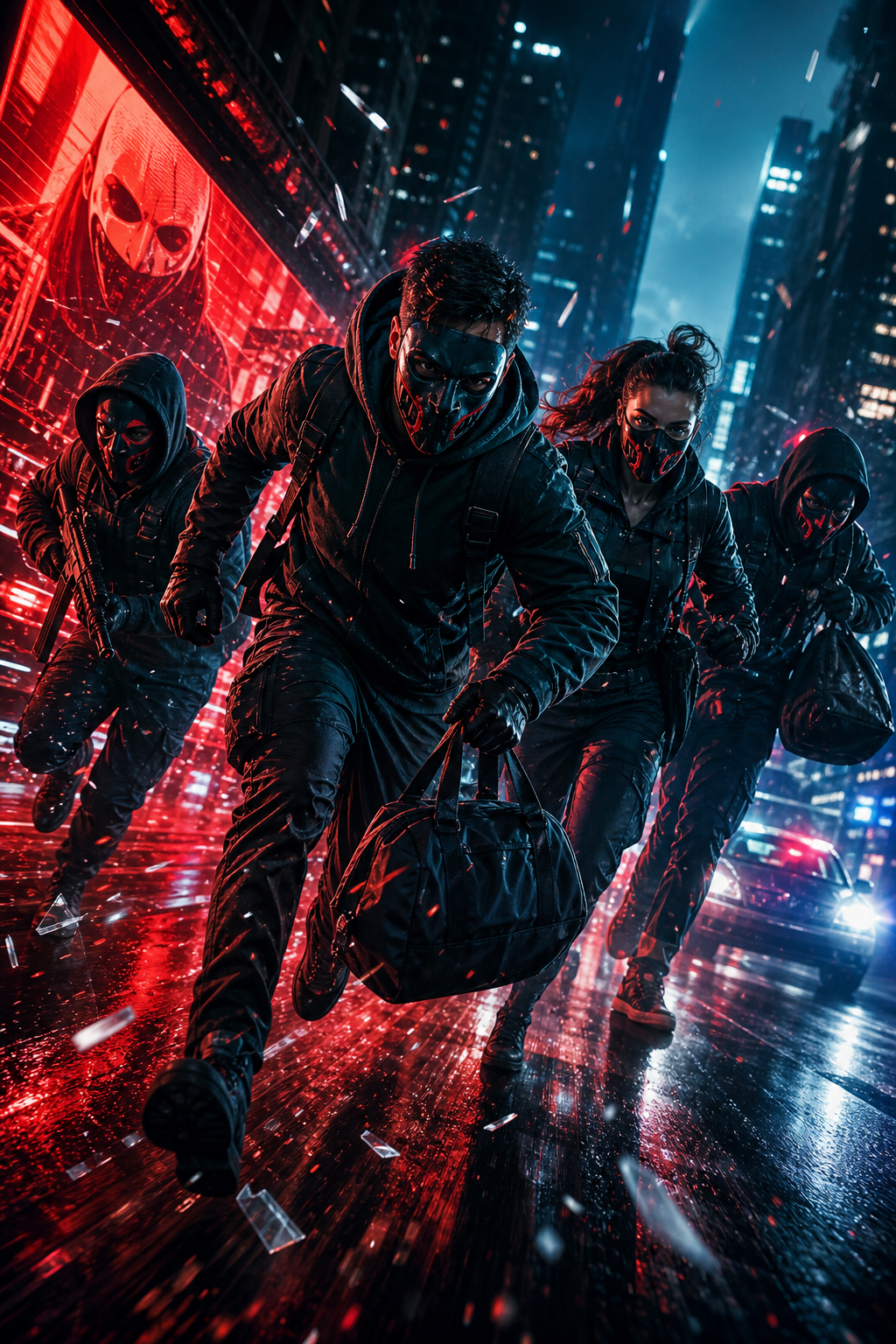 High-energy action poster with a masked crew sprinting through neon-lit downtown streets