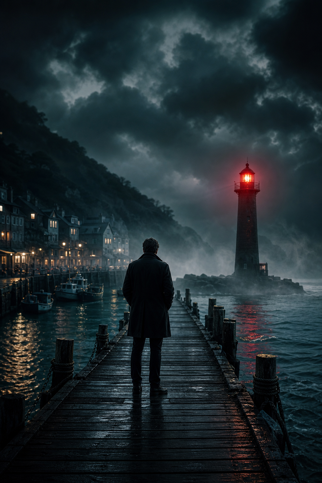 Moody drama movie poster featuring a coastal town at night with a lone figure on a pier