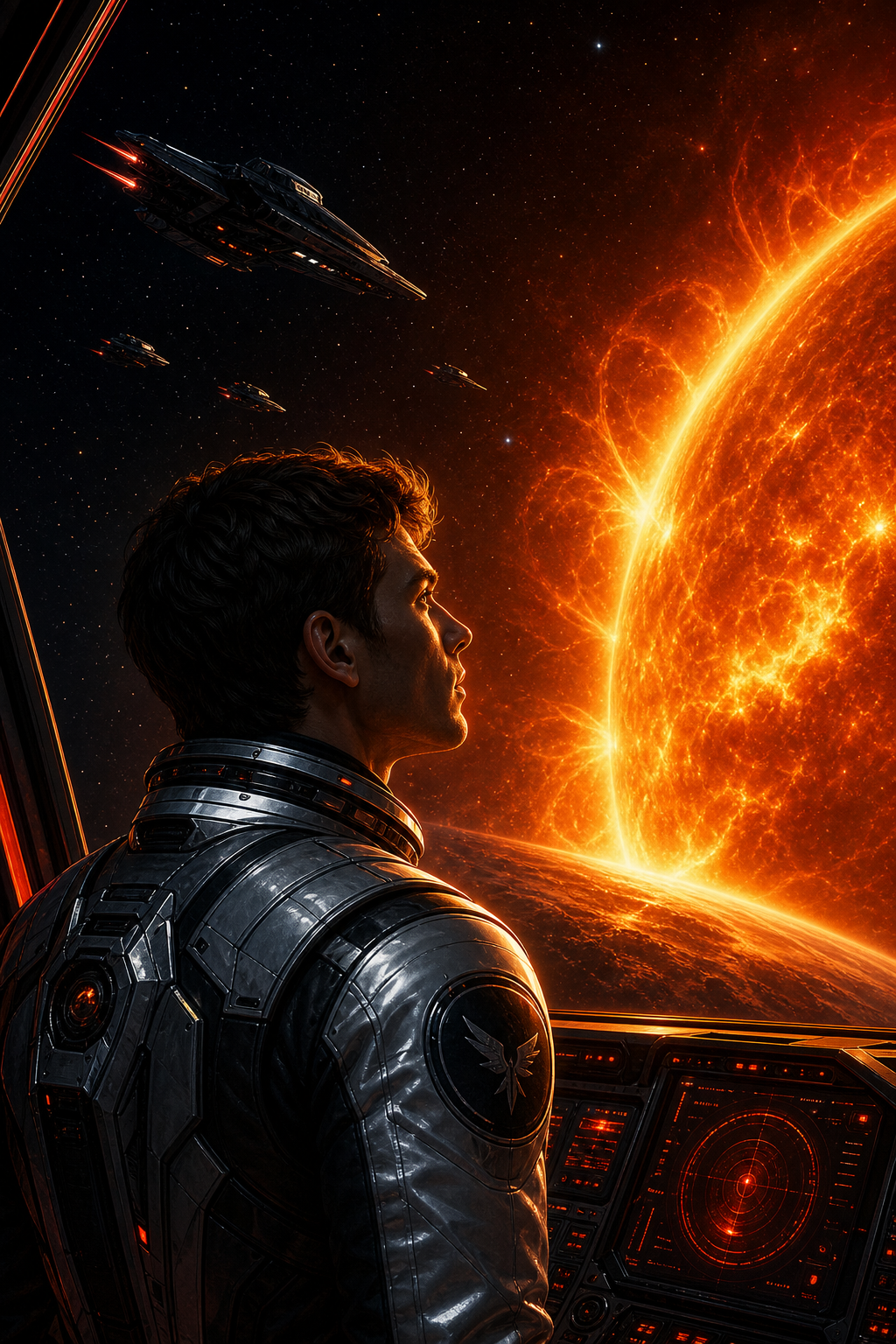 Futuristic sci-fi movie poster with a pilot suit and blazing orange space horizon