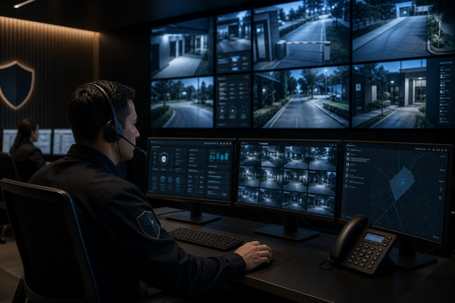 Operador en central de monitoreo revisando alertas y paneles de alarmas