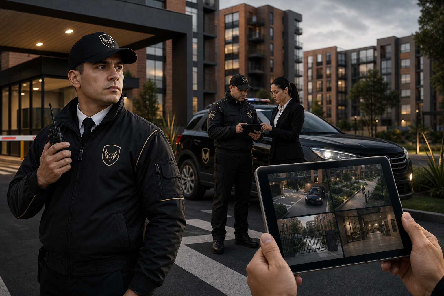 Equipo de seguridad coordinando protección integral para conjunto residencial