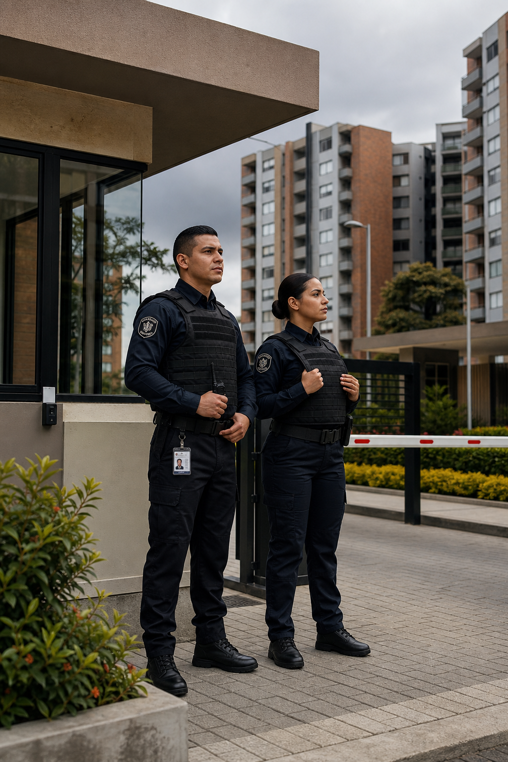 Dos profesionales de seguridad residencial con uniforme formal y chaleco táctico, en un acceso peatonal de conjunto residencial con jardines y torres al fondo