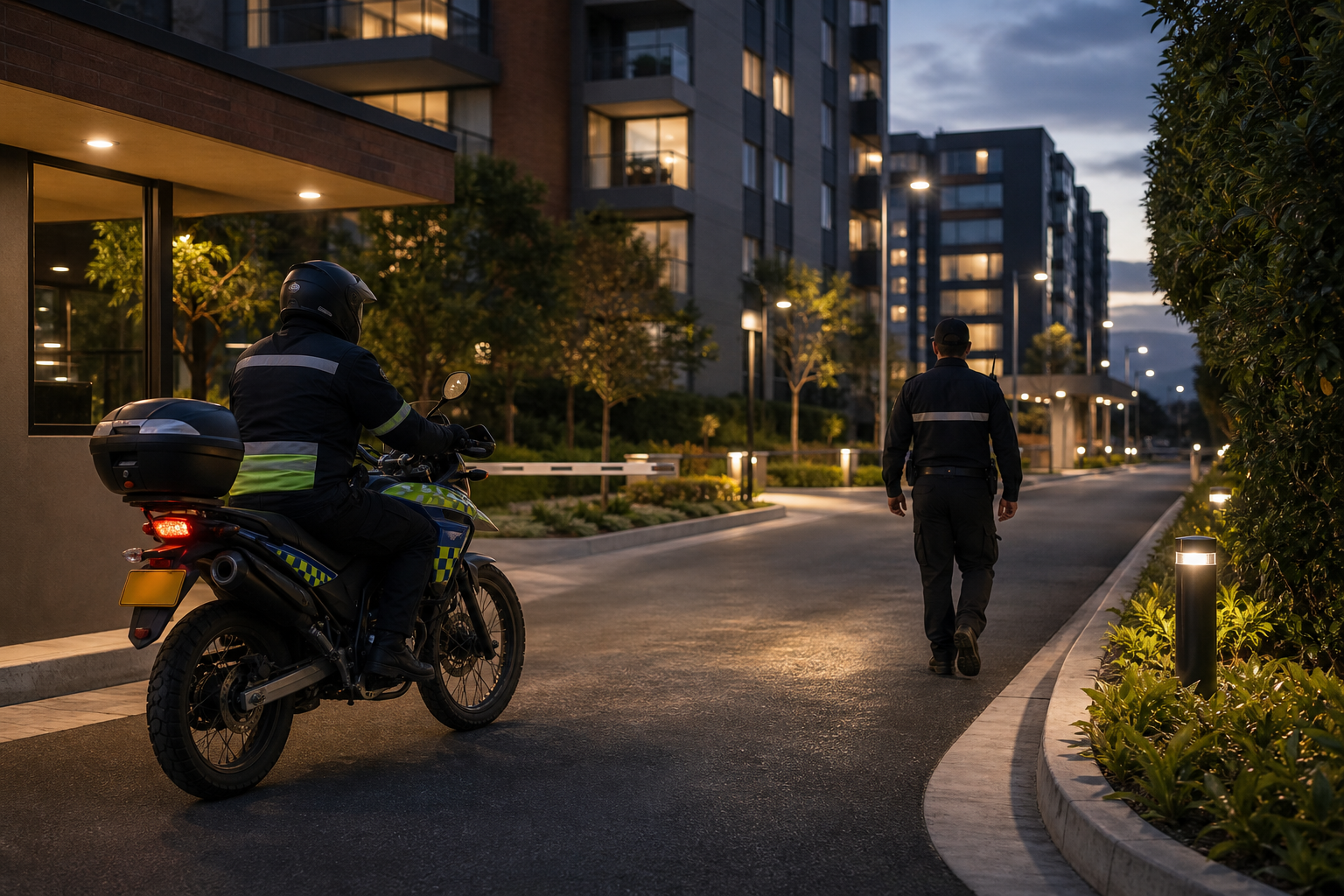 Unidad de supervisión motorizada recorriendo vías internas residenciales