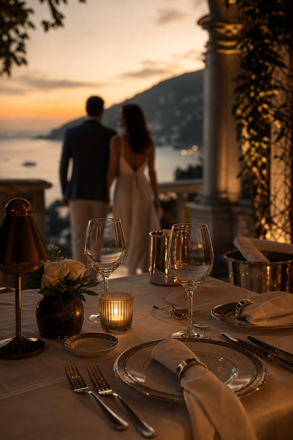 Elegant close-up of a private terrace place-setting with fine linen, crystal glasses, warm candlelight, and a couple arriving in the background at sunset