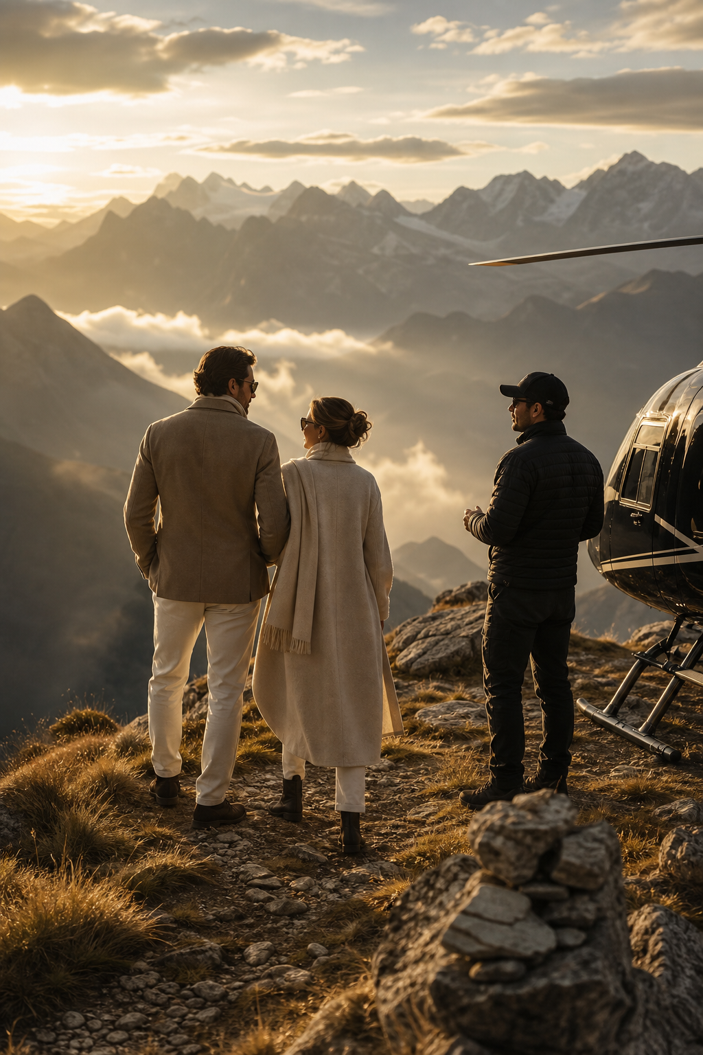 Private couple enjoying a luxury alpine adventure at golden hour with a cinematic mountain backdrop