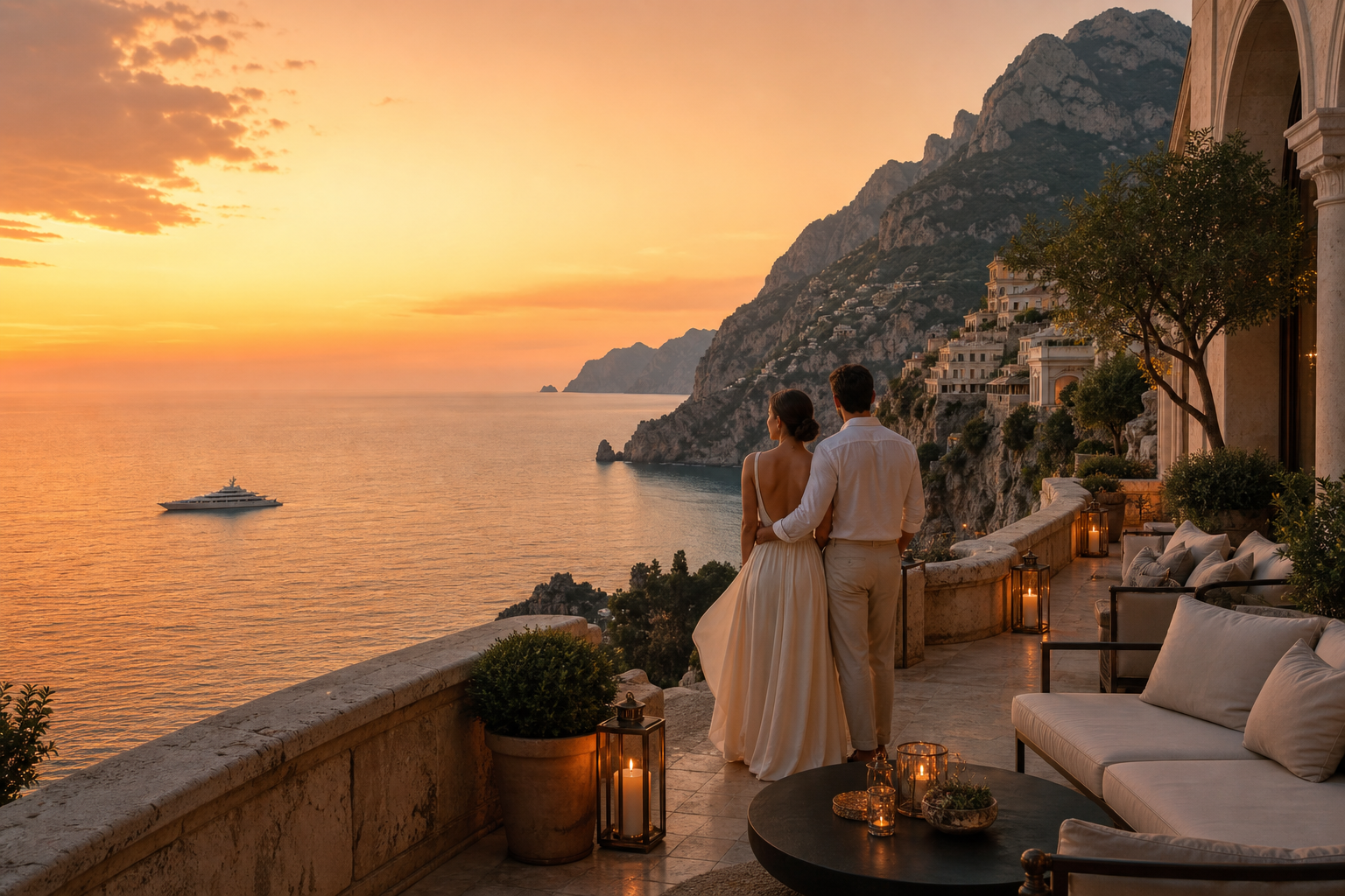 Affluent couple on a private stone terrace above a dramatic Mediterranean coastline at sunset, with elegant lounge seating, soft lantern light, and a luxury yacht in the distance