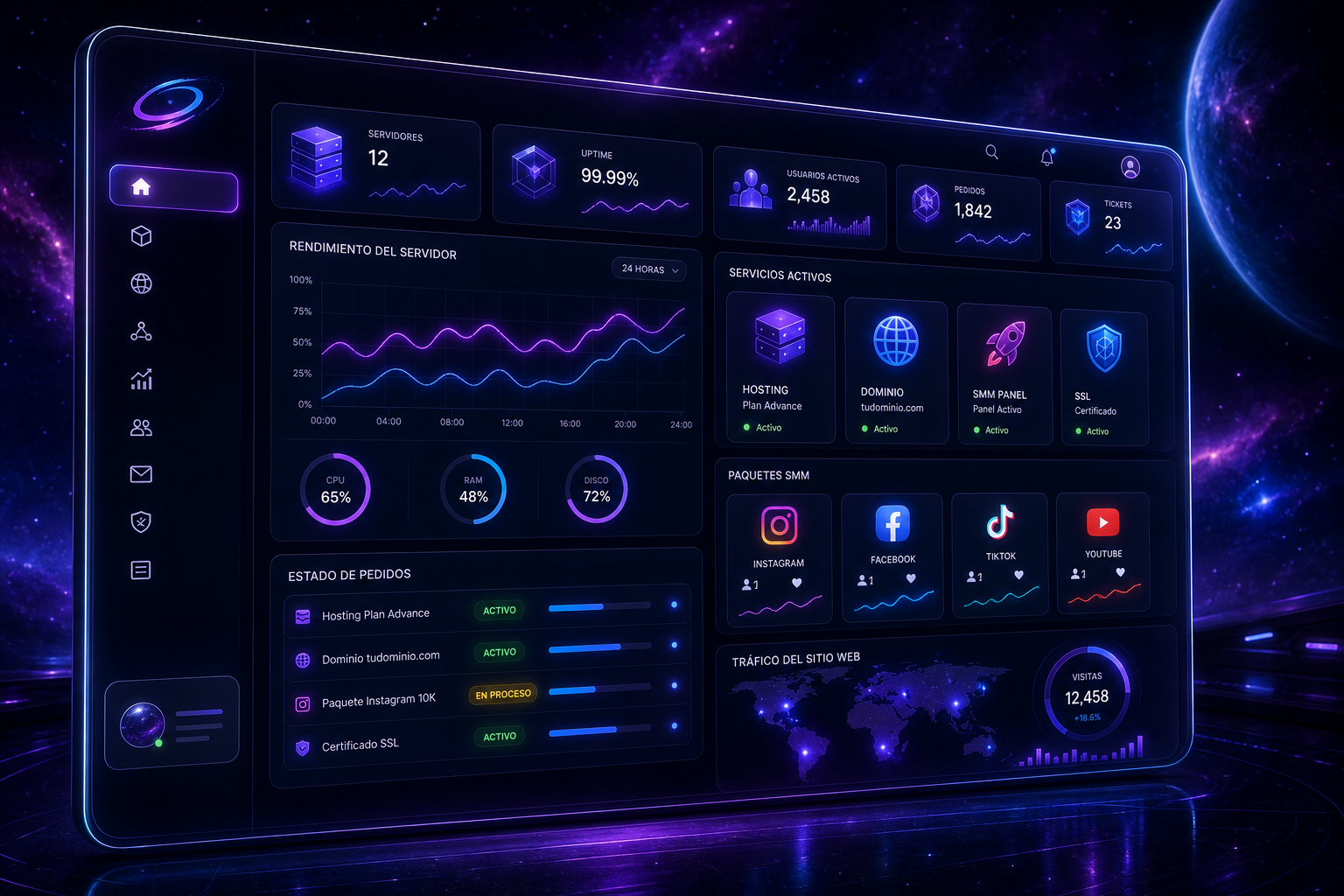 Mockup de un panel de control futurista con gráficas, tarjetas de servicios de hosting y módulos SMM en tonos violeta y azul