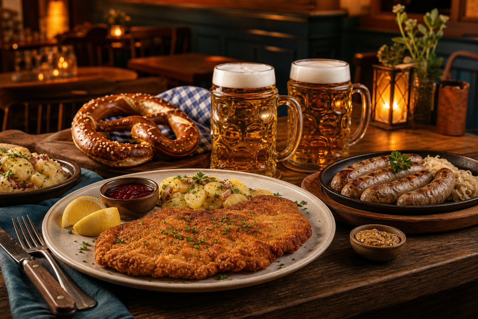 Rustic wooden table with golden schnitzel, grilled sausages, a giant pretzel, and amber beer mugs in a cozy German tavern setting
