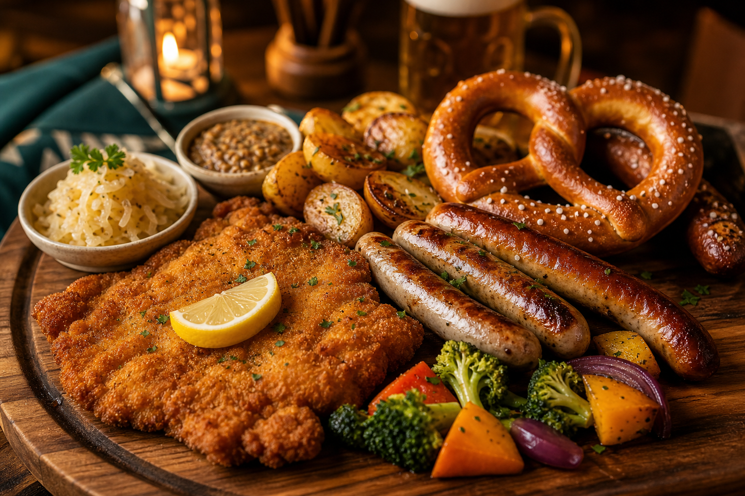 Rustic platter with golden schnitzel, house-made sausages, pretzels, and seasonal vegetables