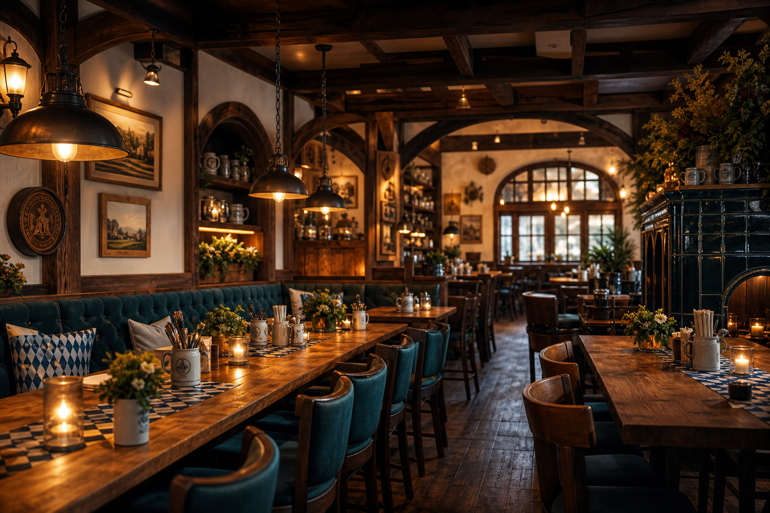 Warm, wood-accented Bavarian dining room with amber lighting and long communal tables