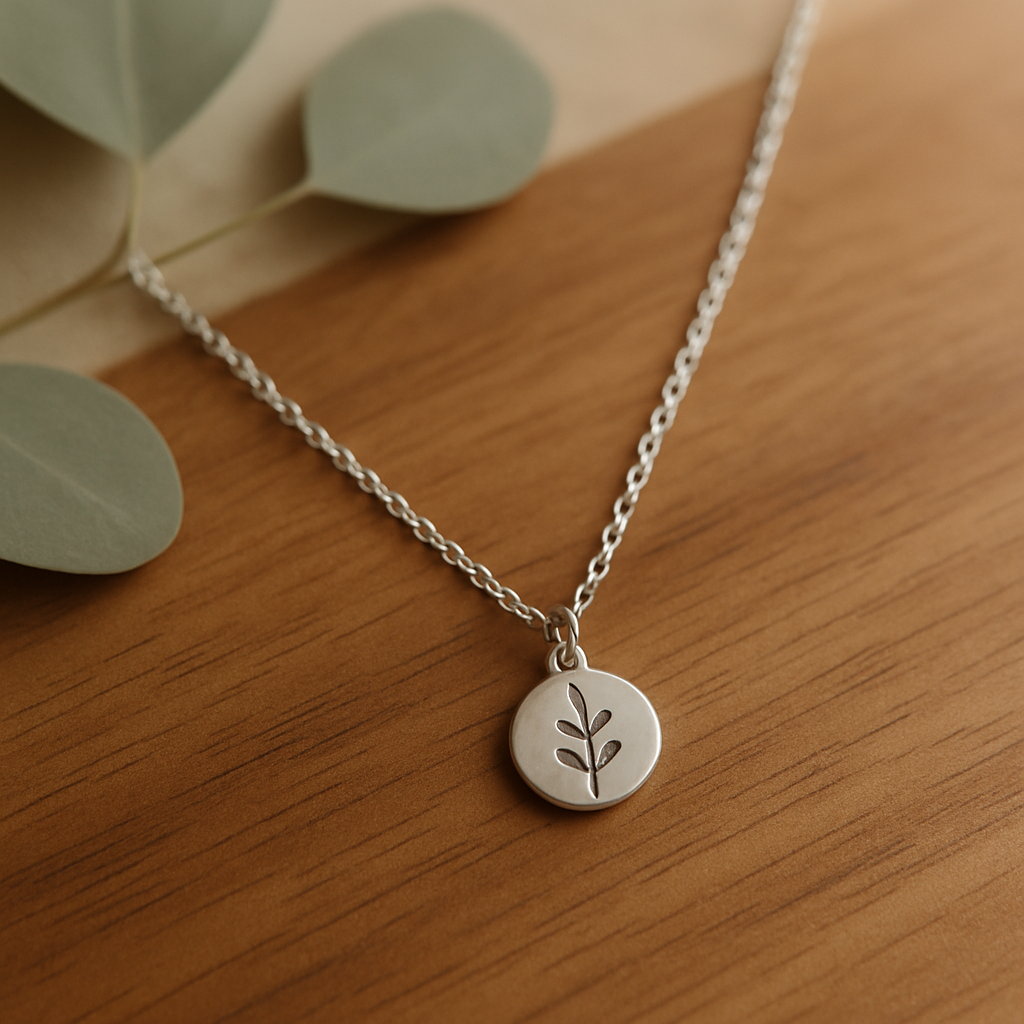 Sage toned necklace on warm wood