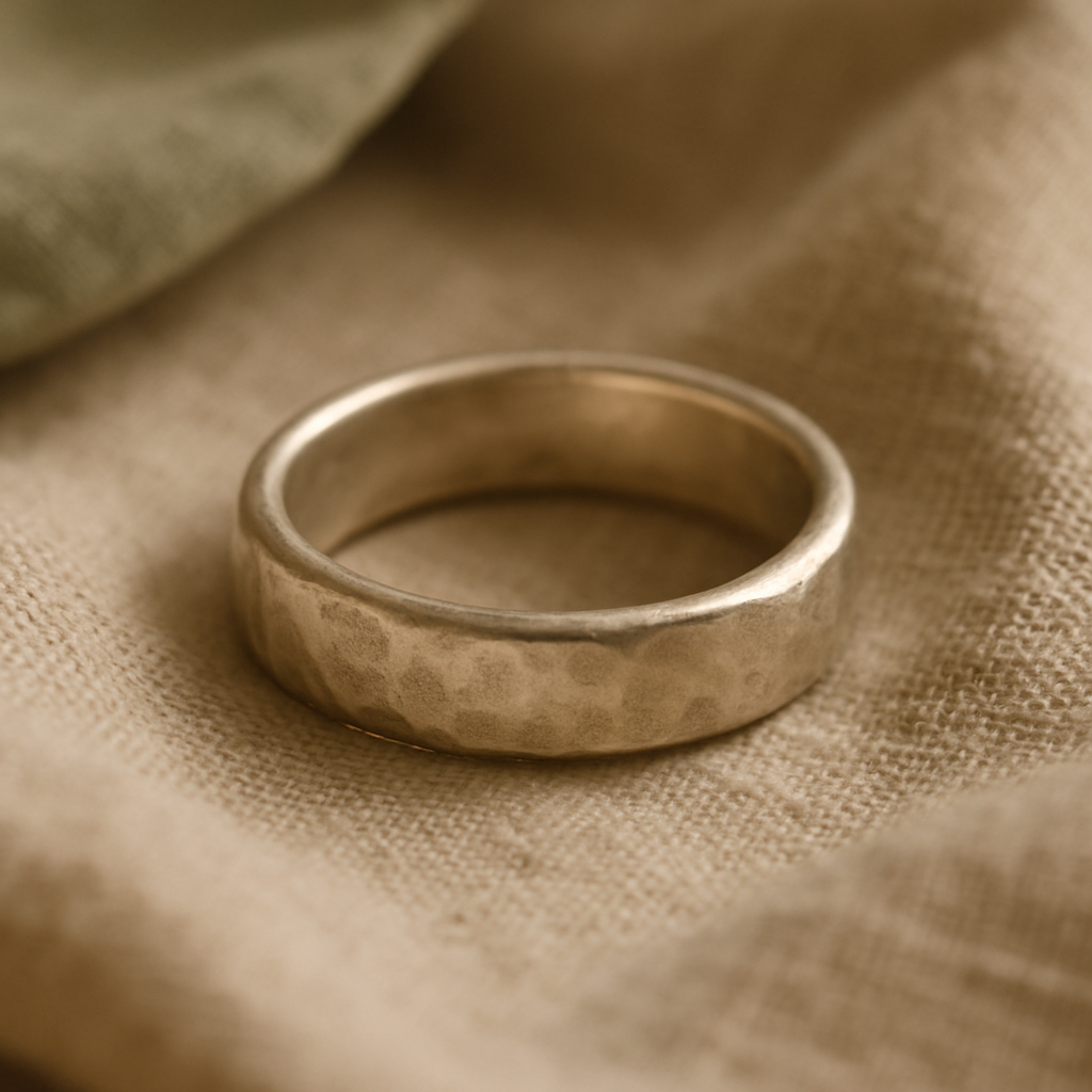 Handcrafted silver ring on linen