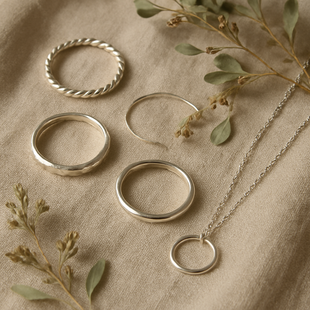 Handmade silver rings and necklace arranged on linen