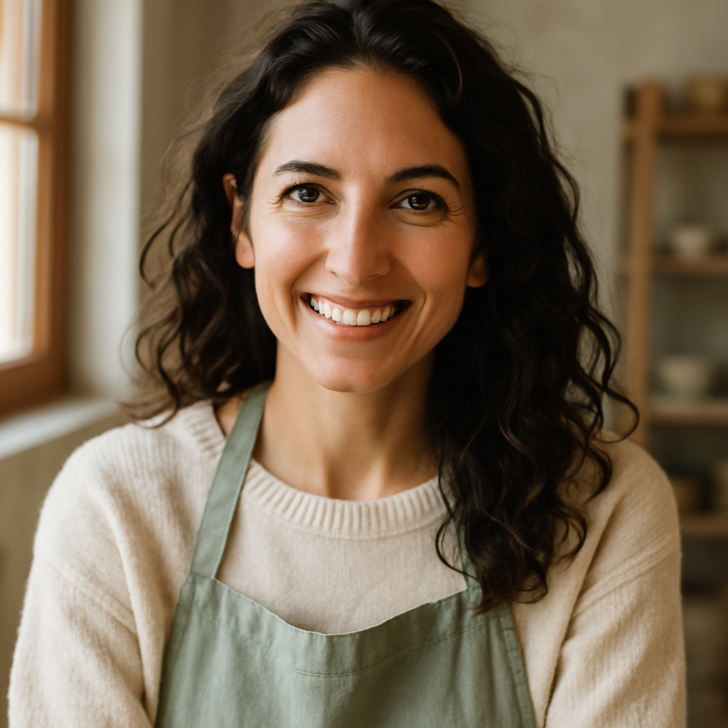 Portrait of Elena, a smiling woman with wavy dark hair
