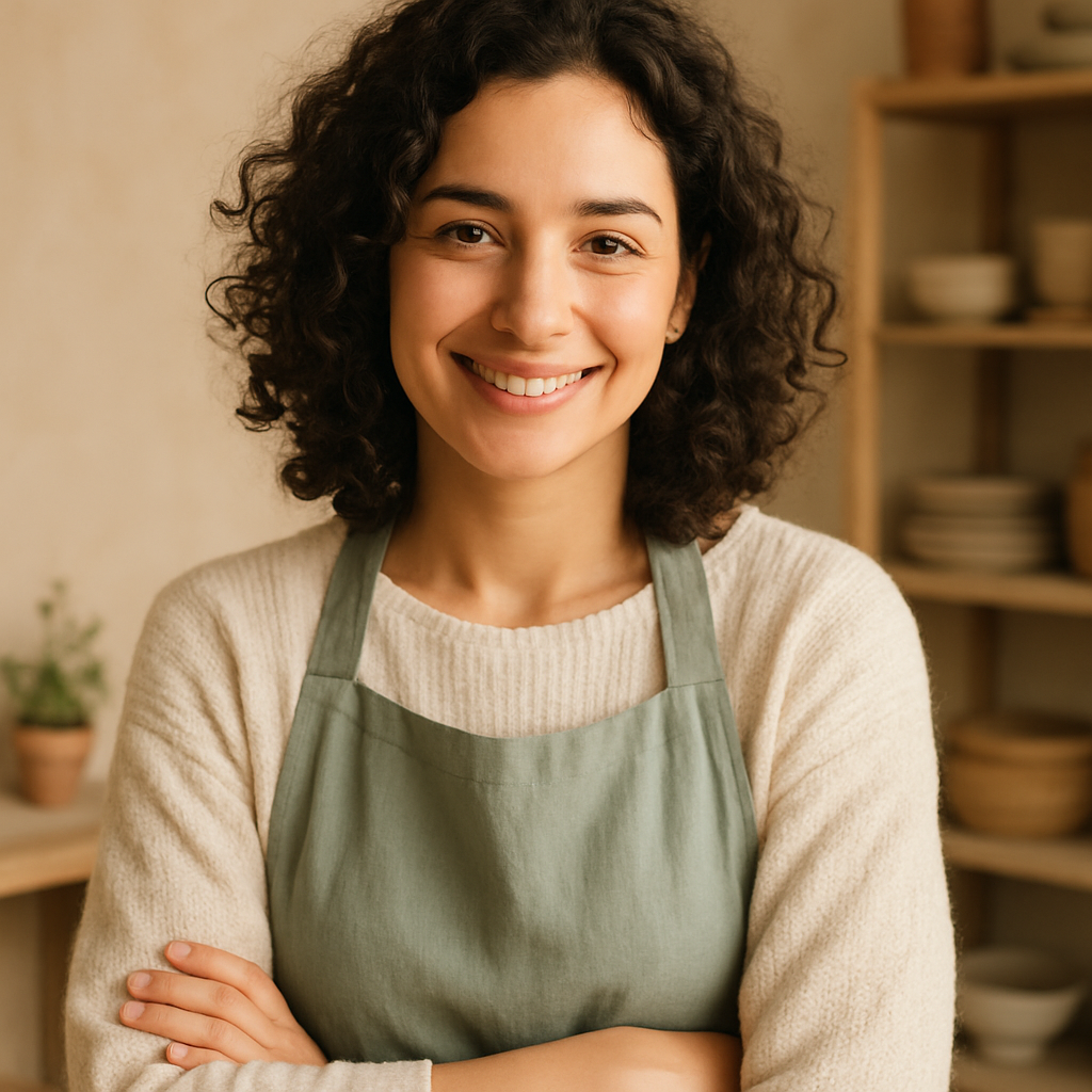 Portrait of Jasmine, a woman with curly hair and warm smile