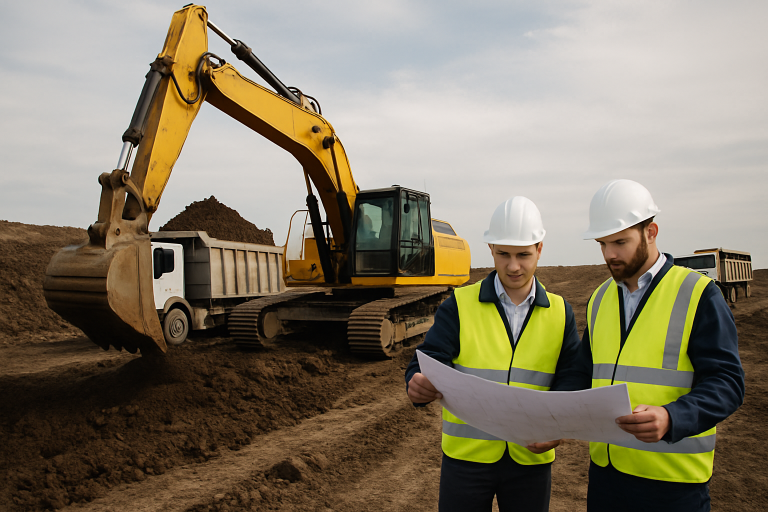 Coordinación industrial en campo con maquinaria pesada y equipo técnico operativo