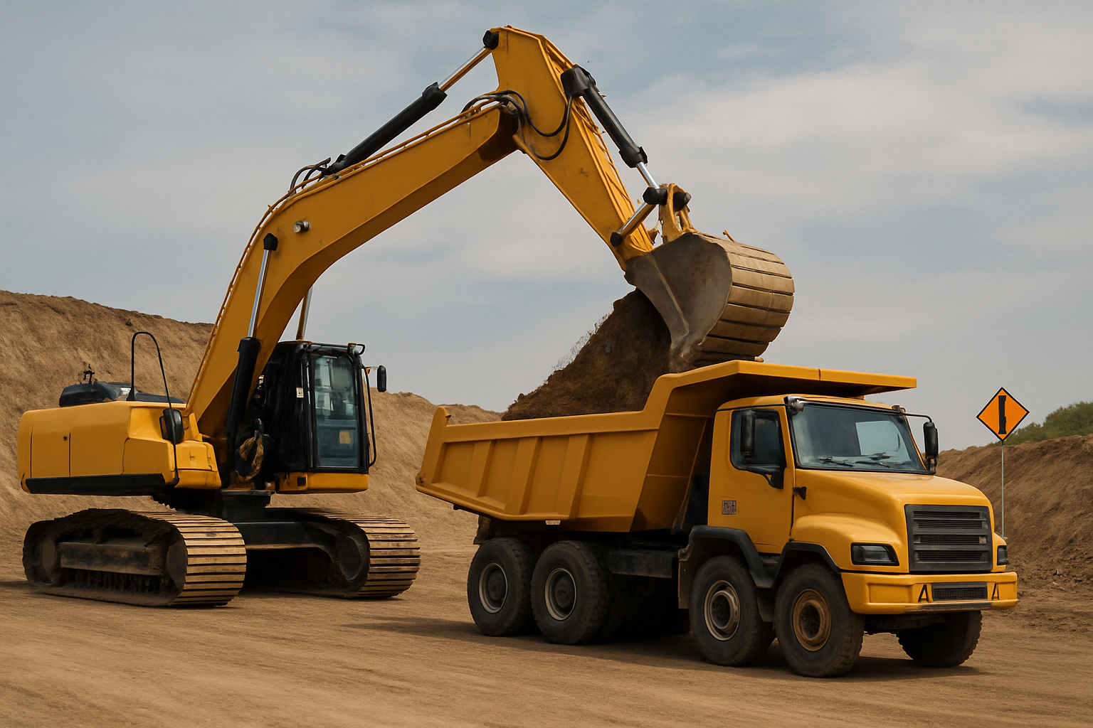 Excavadoras y equipo de movimiento de tierras en frente industrial