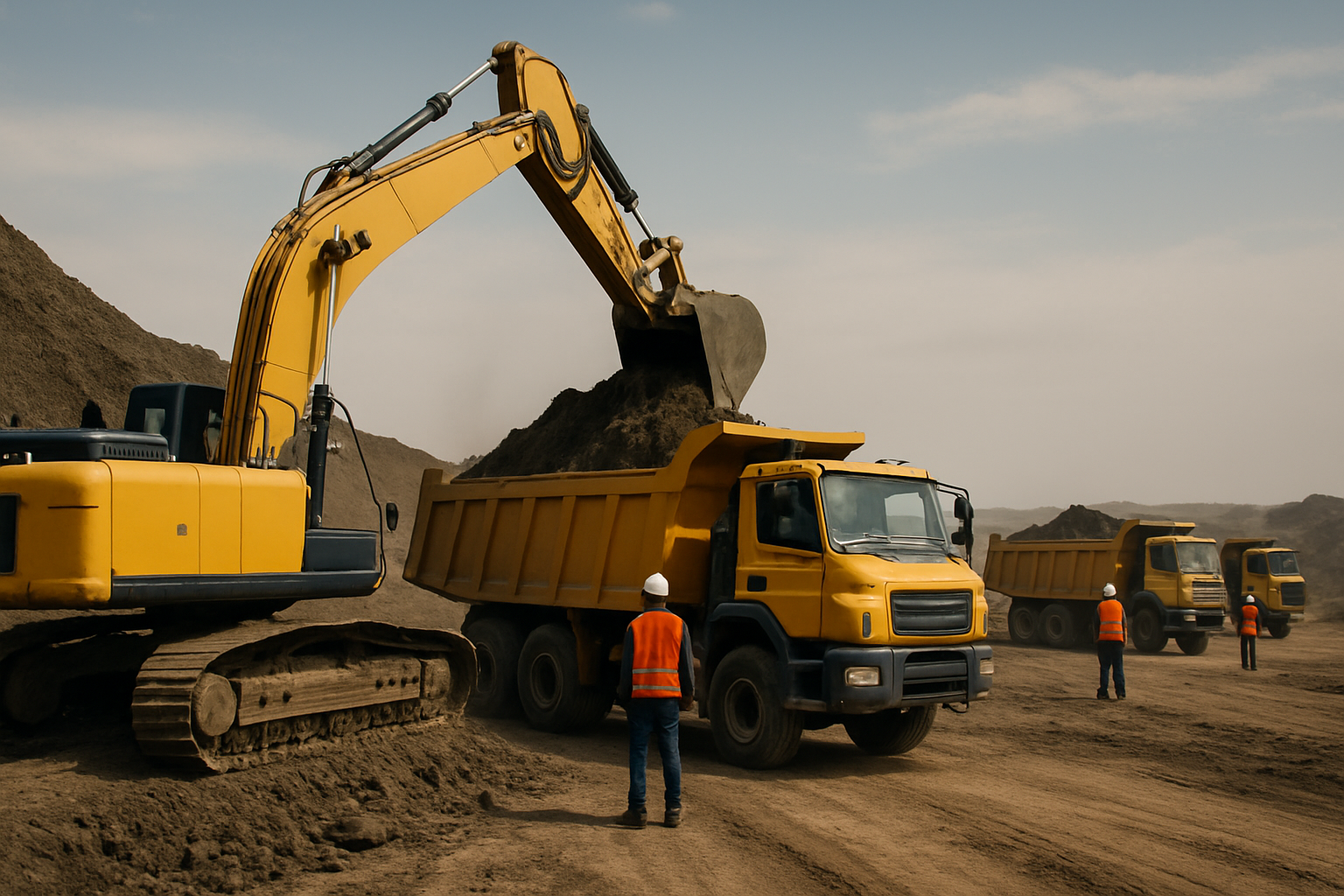 Flota industrial pesada en operación en un frente de trabajo