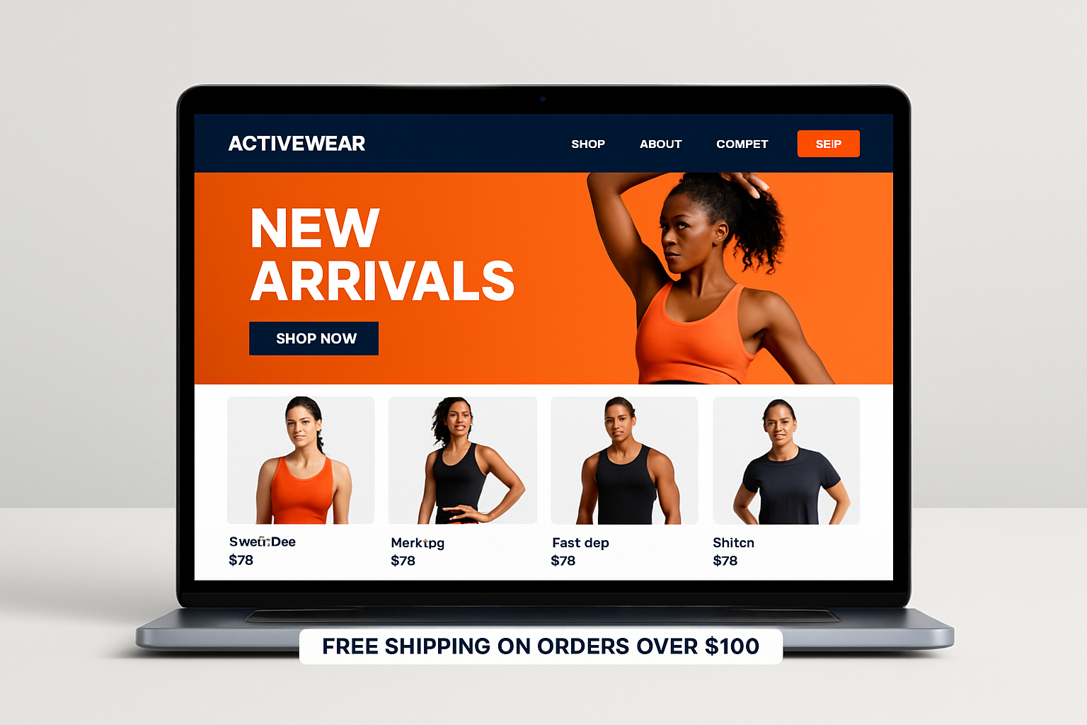 Ecommerce storefront mockup for an activewear brand with product grid and conversion focused layout