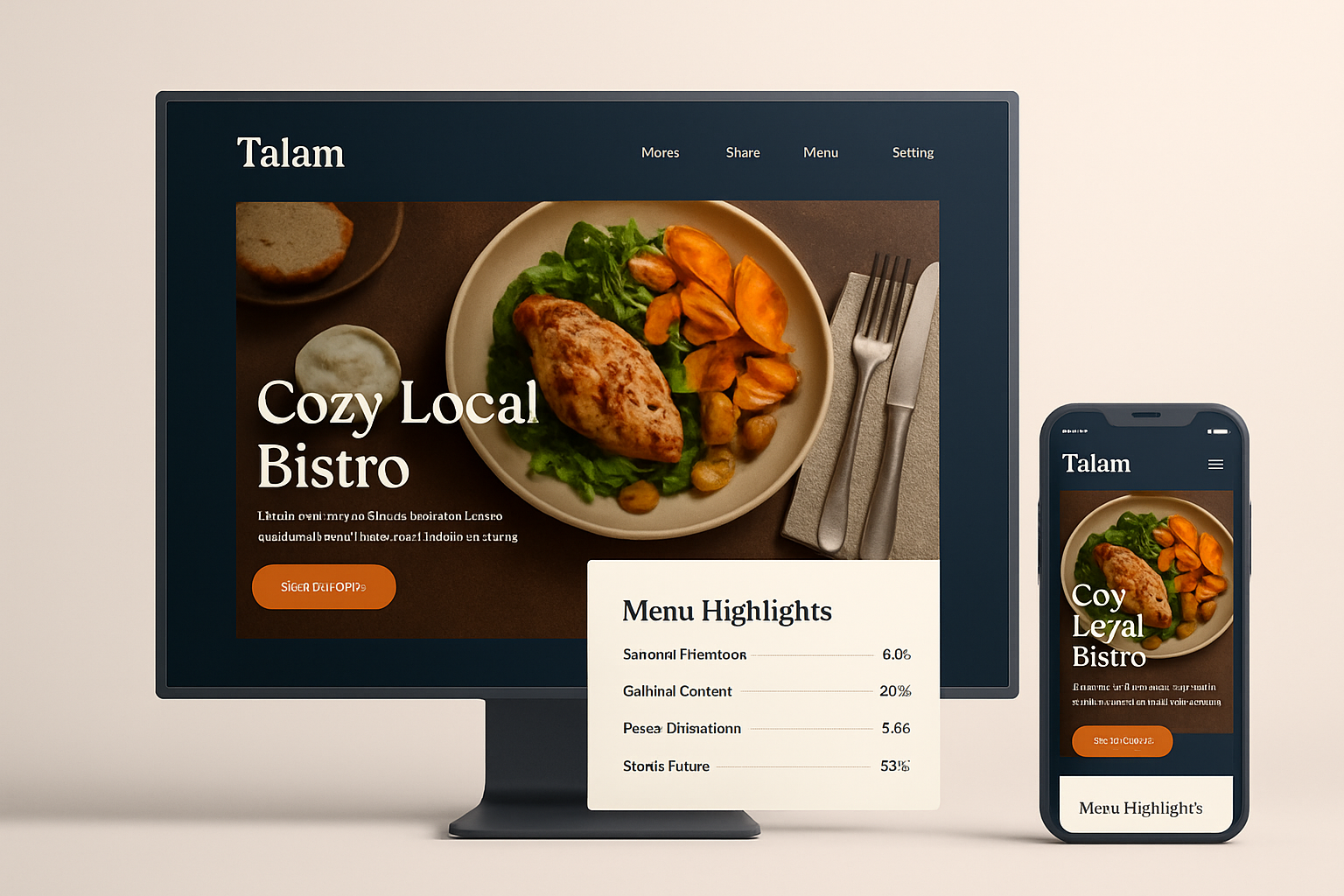 Website mockup for a local bistro with menu highlights and reservation callouts