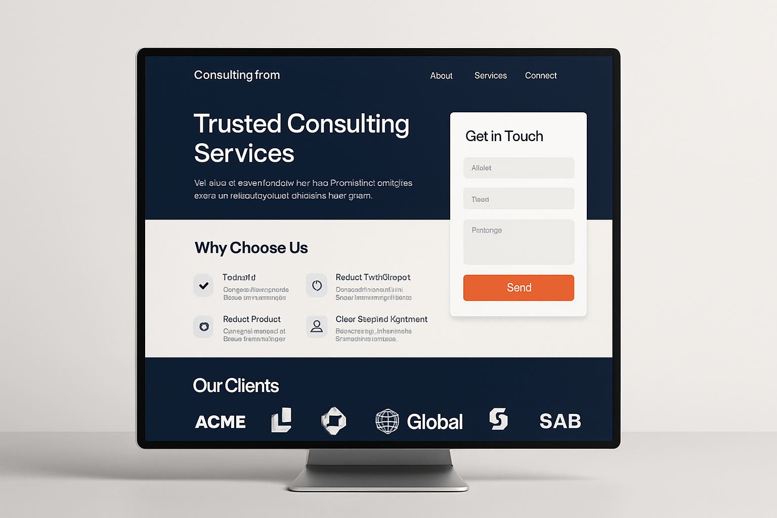 Professional services website mockup for a consulting firm with lead capture and credibility highlights