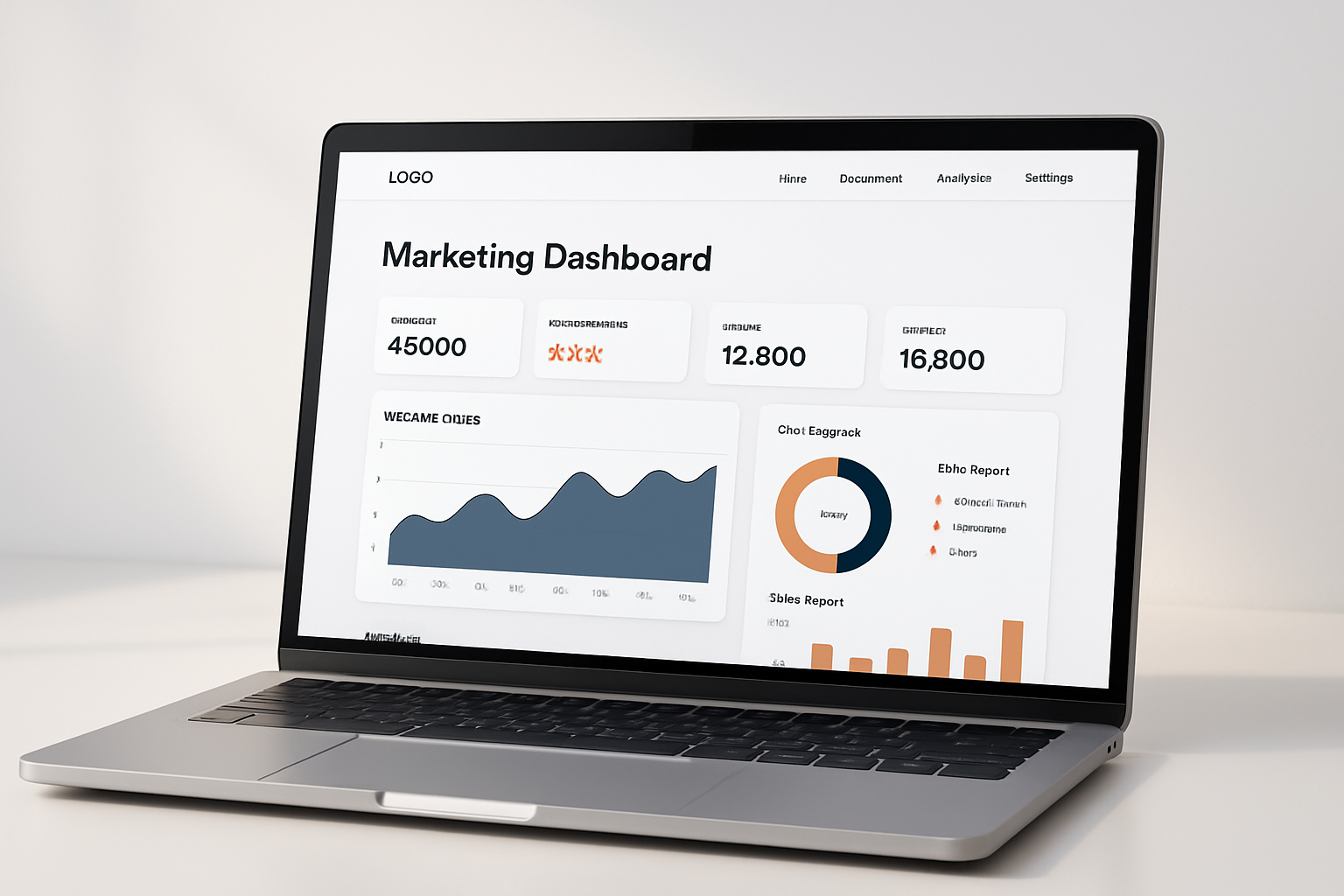 Modern website mockup on a laptop with analytics and marketing dashboard
