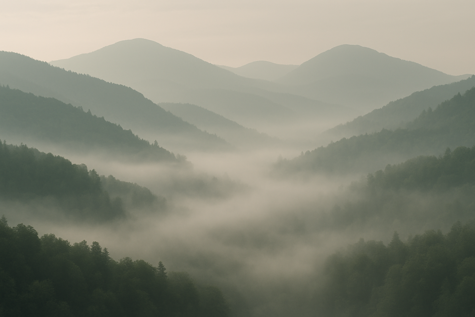 Soft fog drifting through a mountain valley