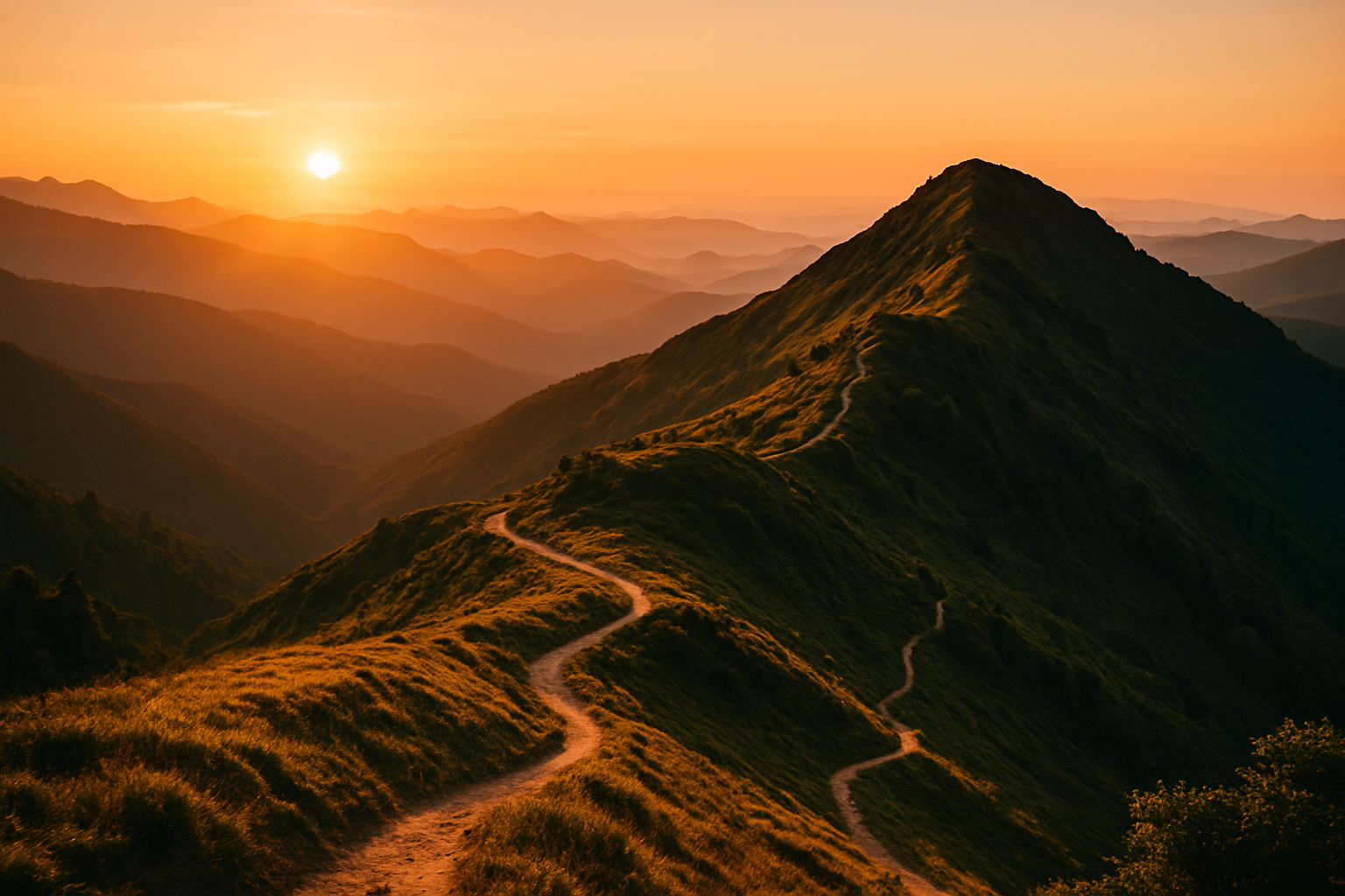 Golden sunset over winding mountain trails