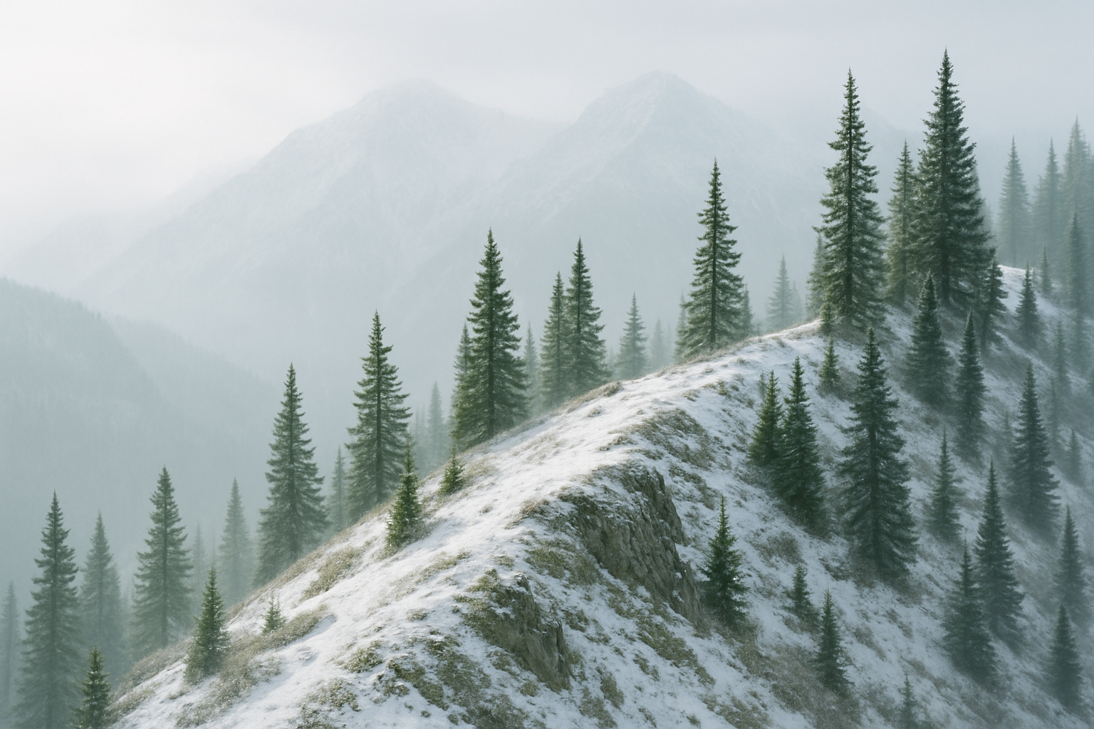 Snow-dusted ridge and pine trees