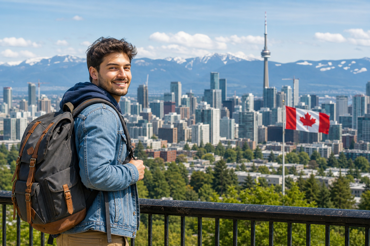 Smiling young traveler with a backpack standing near a Canadian city skyline with mountains and a maple leaf flag motif
