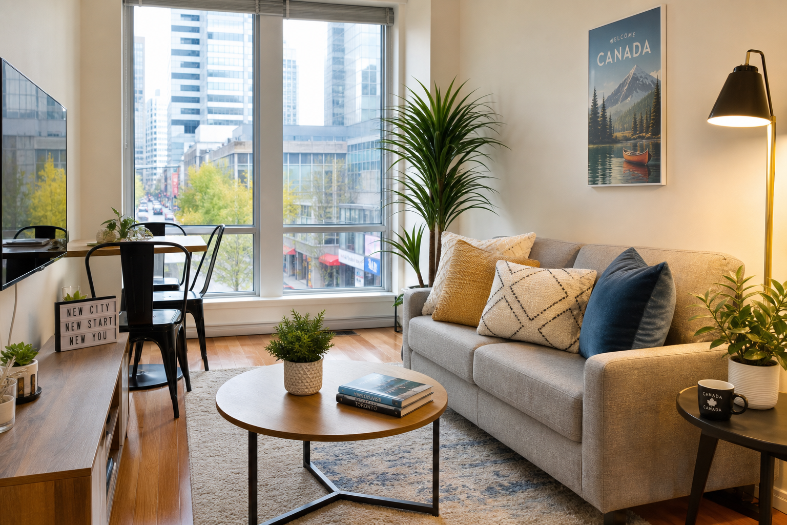 Bright shared apartment living room with warm wooden floors, a light-gray sofa, and large windows overlooking a city street