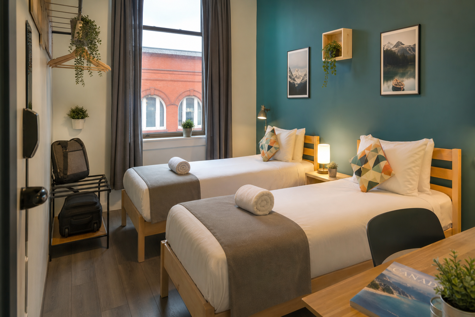 Cozy hostel-style bedroom with two neatly made beds, teal accent wall, and soft ambient lighting