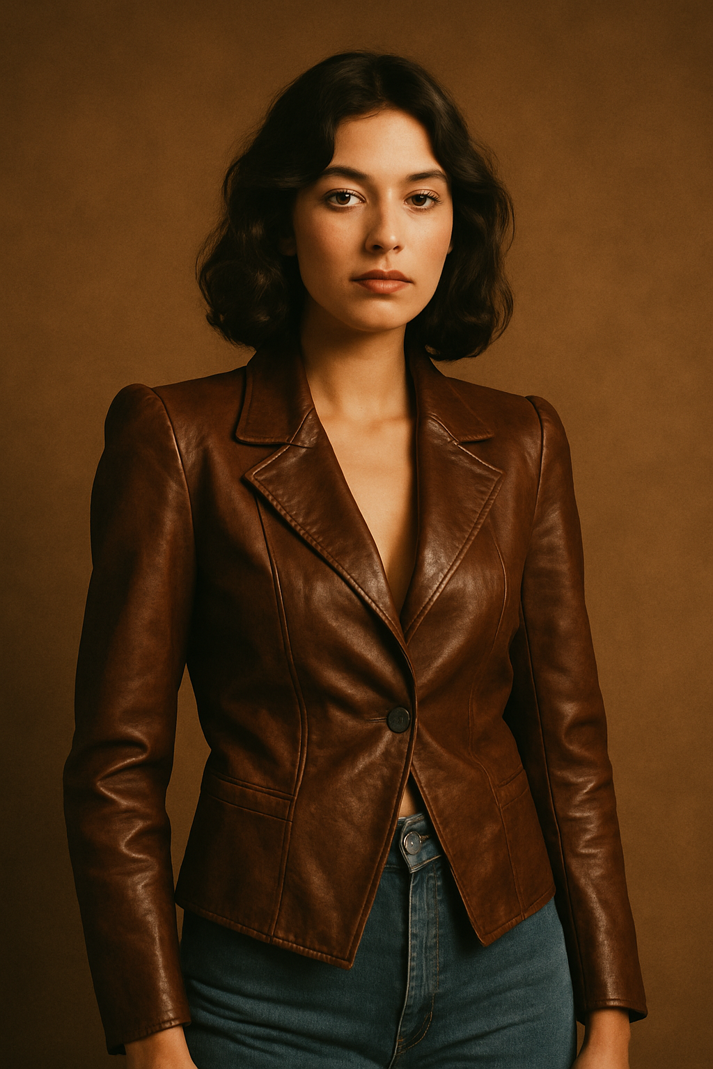 Model wearing a deep brown vintage leather jacket with structured shoulders, paired with high-waist denim against a warm studio backdrop