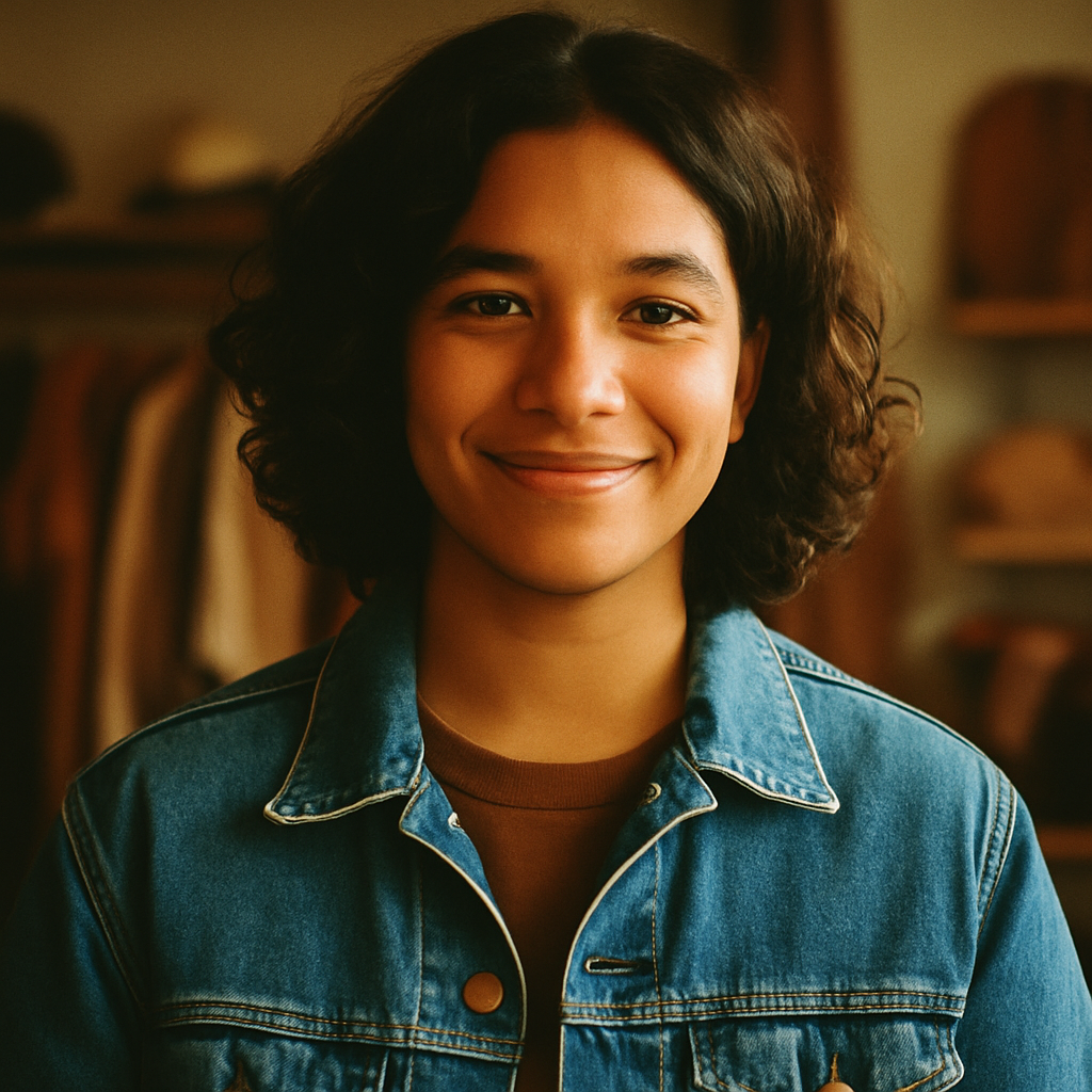 Film-style portrait of a person with medium brown skin, wavy shoulder-length hair, and a vintage denim jacket, smiling in warm natural light