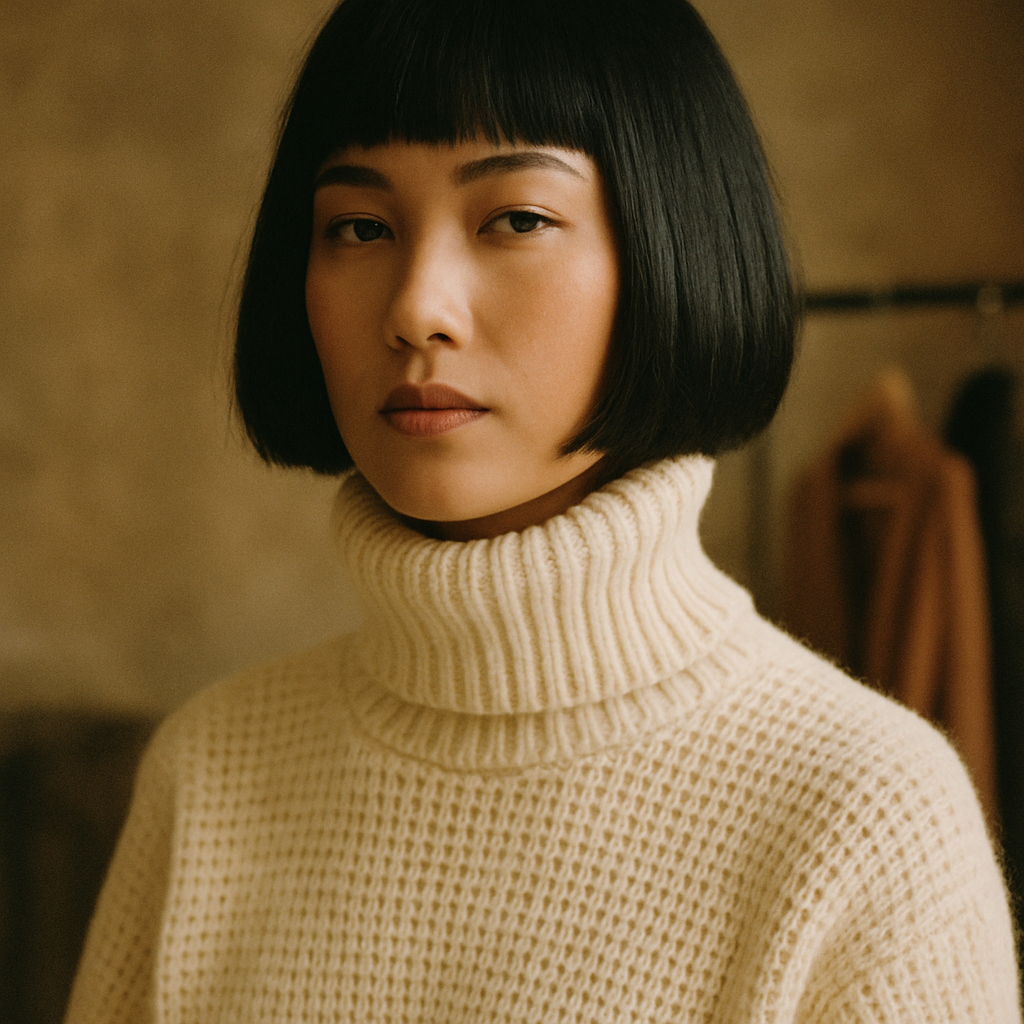 Portrait of a stylish person with light tan skin, straight black bob haircut, and a cream knit turtleneck, shot with soft film lighting