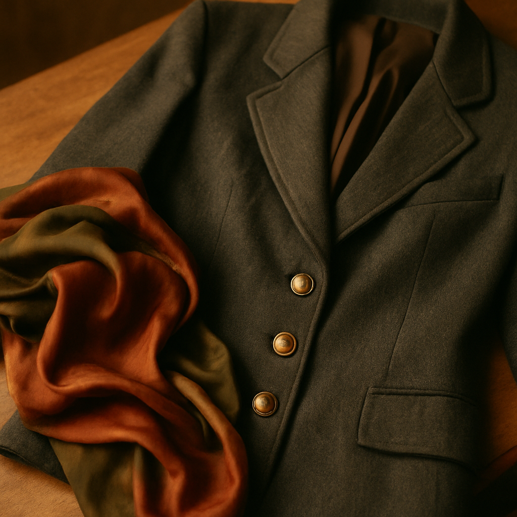 close-up of a tailored 80s blazer with brass buttons and a silk scarf in warm rust and olive tones