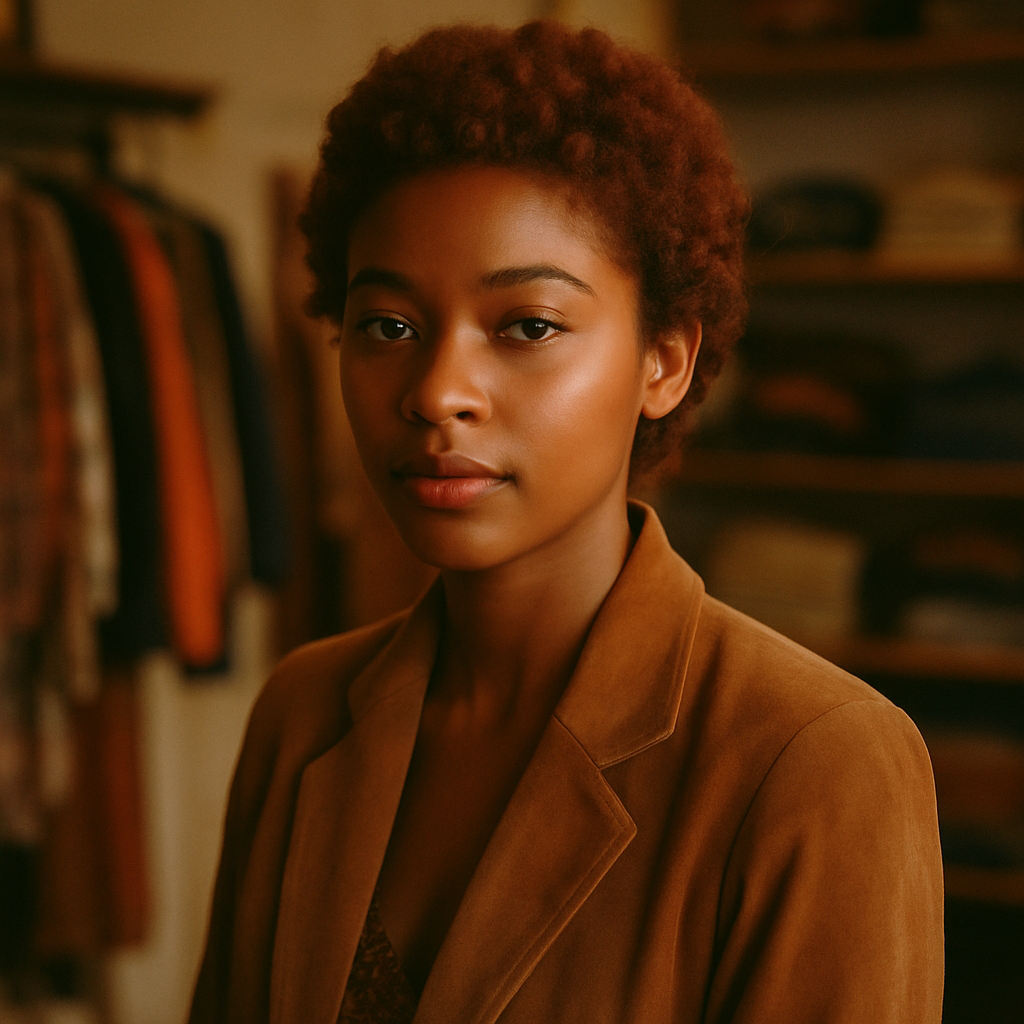 Soft-focus portrait of a young woman with warm brown skin, short curled auburn hair, and a caramel suede blazer, photographed in a vintage boutique