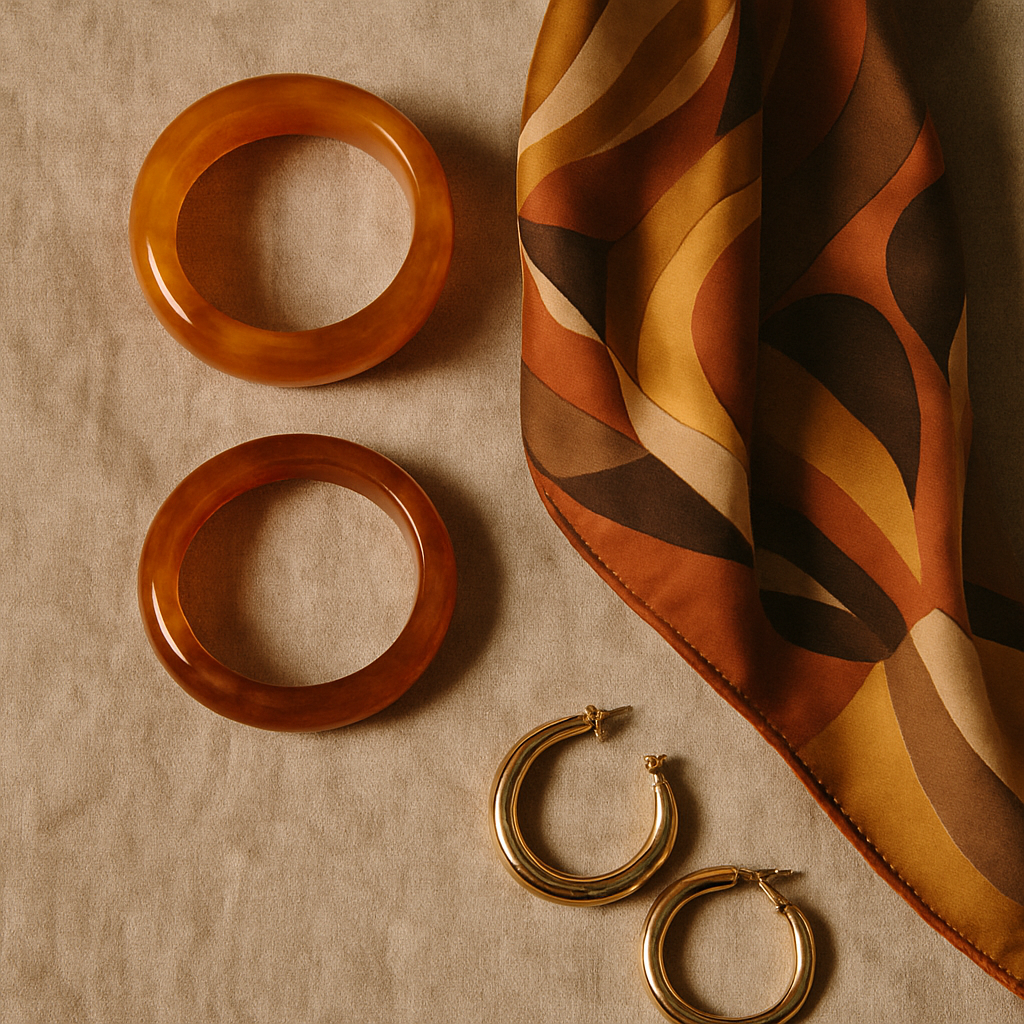Flat lay of vintage accessories: amber resin bangles, a silk scarf with geometric print, and gold hoop earrings on textured linen