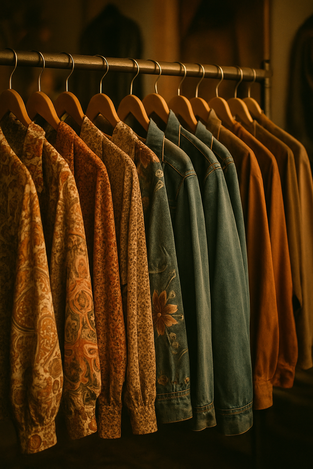 warm-lit vintage clothing rack with patterned blouses, denim jackets, and earthy-toned garments hanging in a boutique