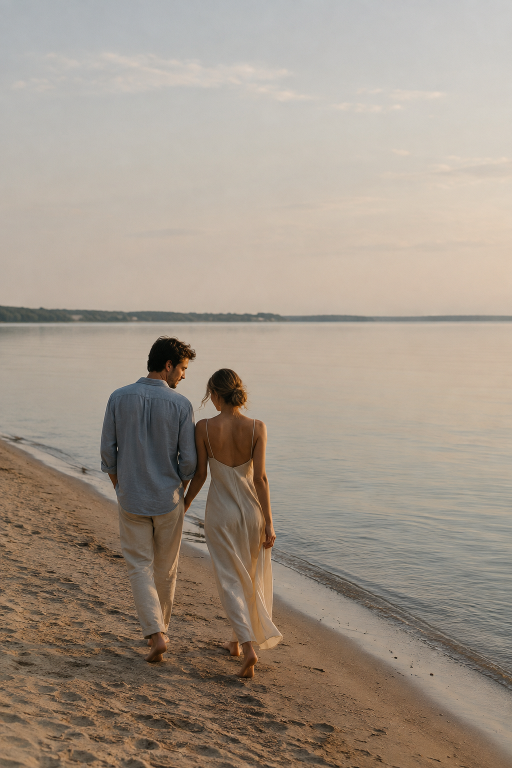 Couple walking along a quiet lakeshore in muted blue and sand-colored clothes